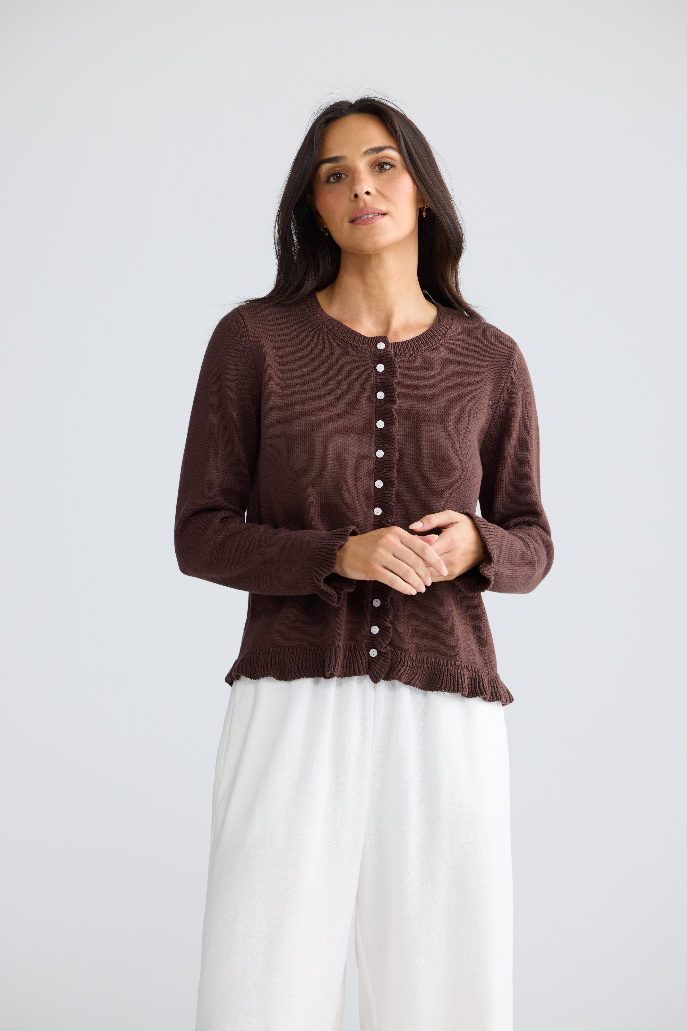 Lorrie Frill Knit Cardigan in Chocolate and Pink