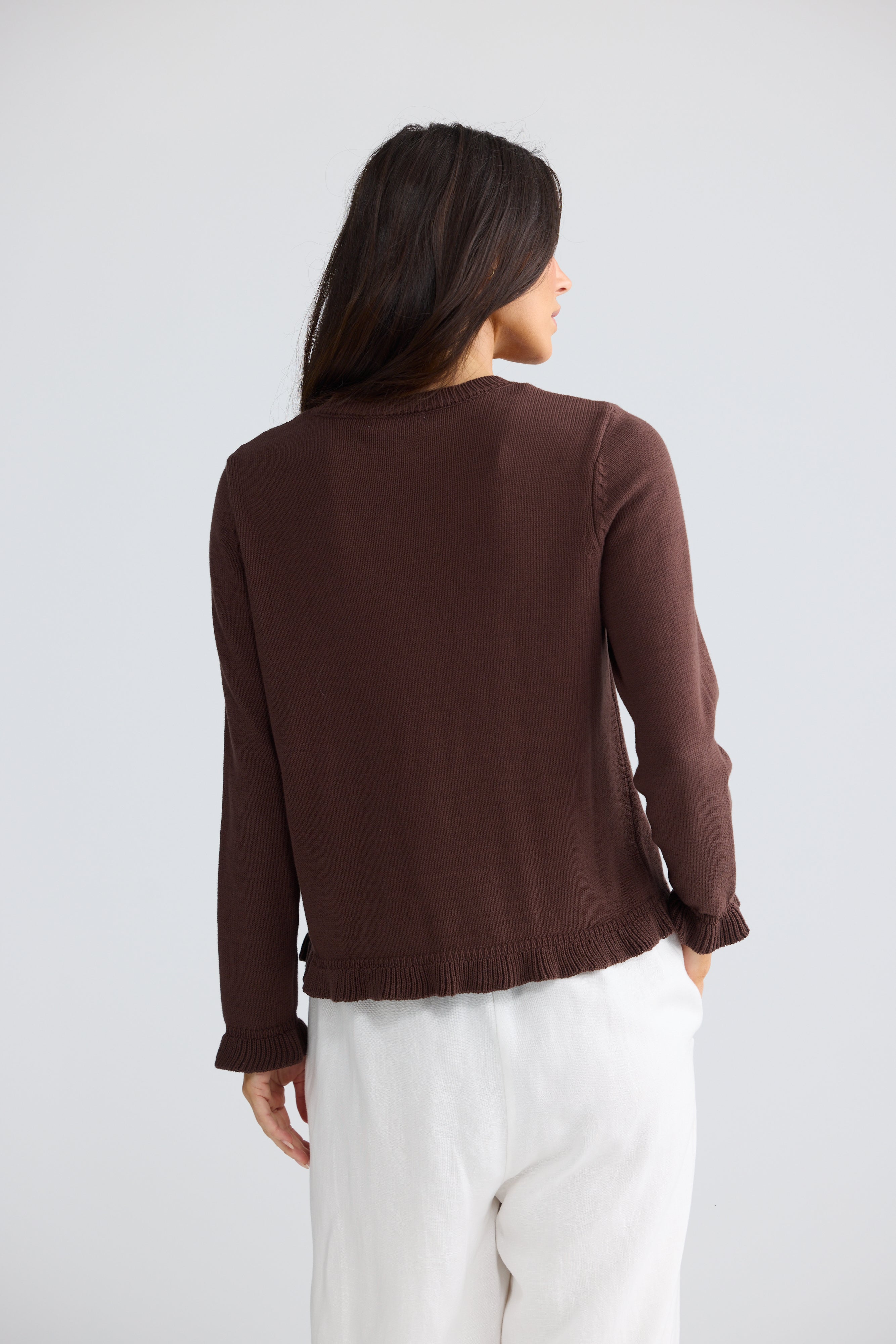 Lorrie Frill Knit Cardigan in Chocolate and Pink