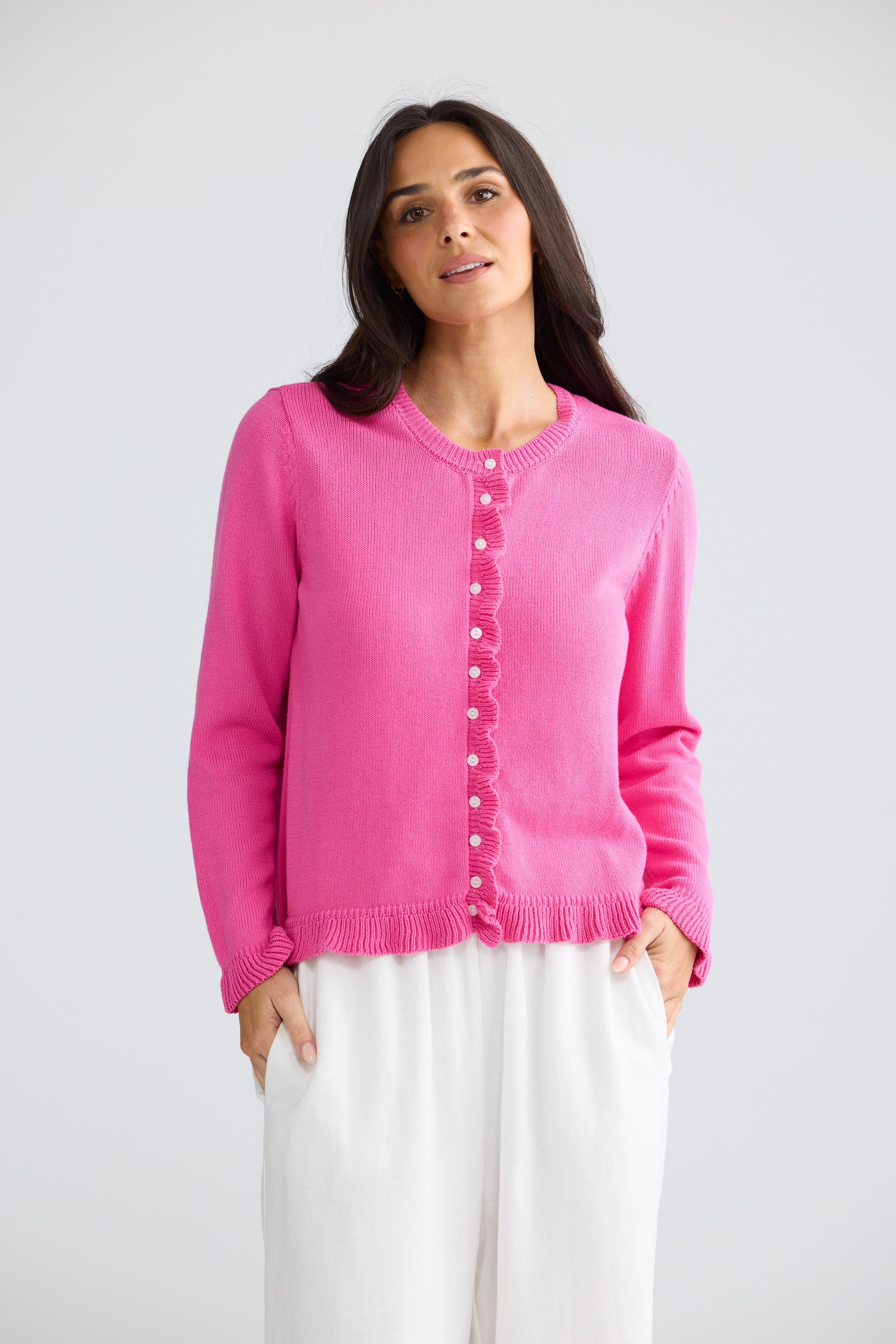 Lorrie Frill Knit Cardigan in Chocolate and Pink