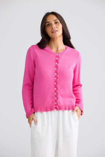 Lorrie Frill Knit Cardigan in Chocolate and Pink