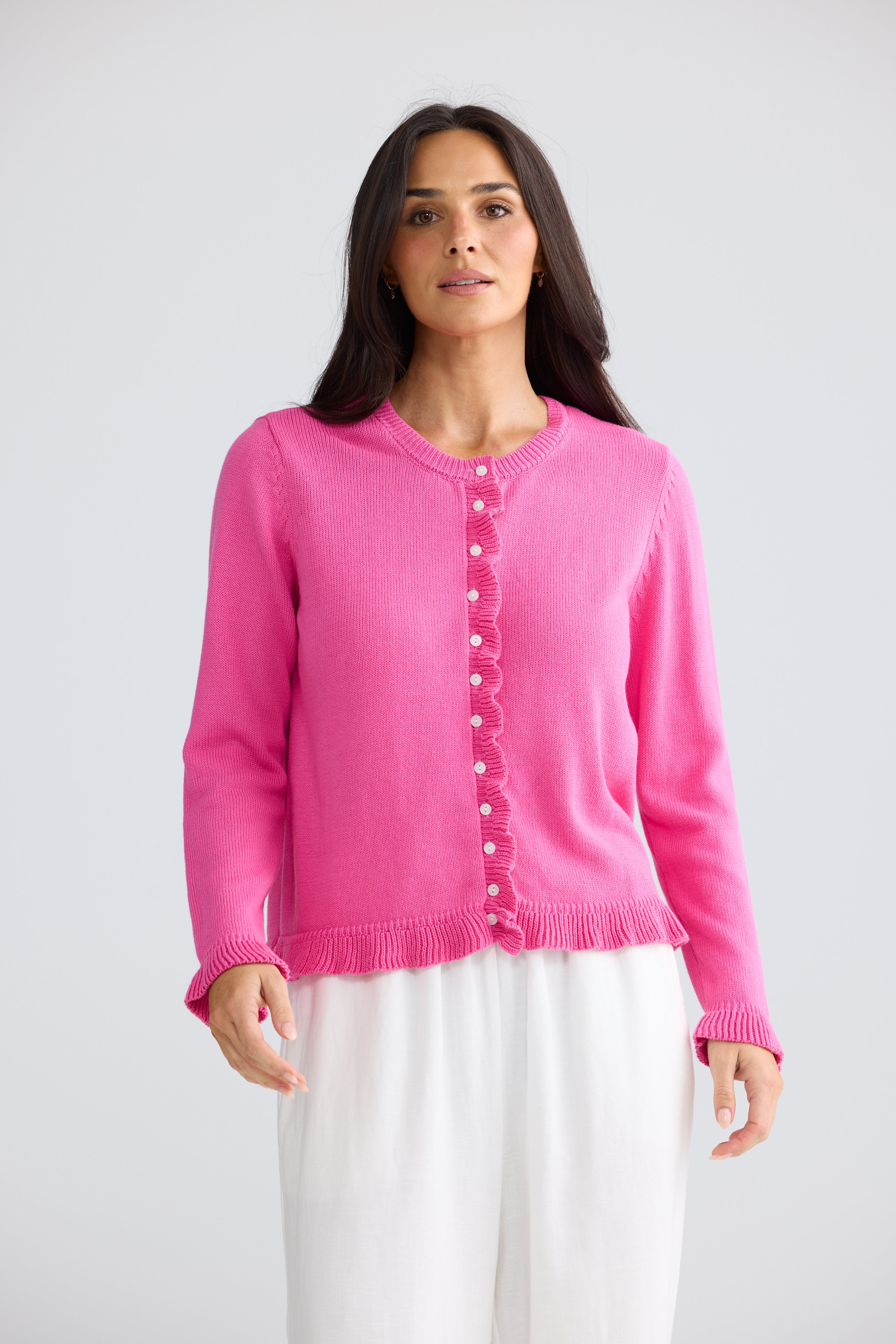 Lorrie Frill Knit Cardigan in Chocolate and Pink