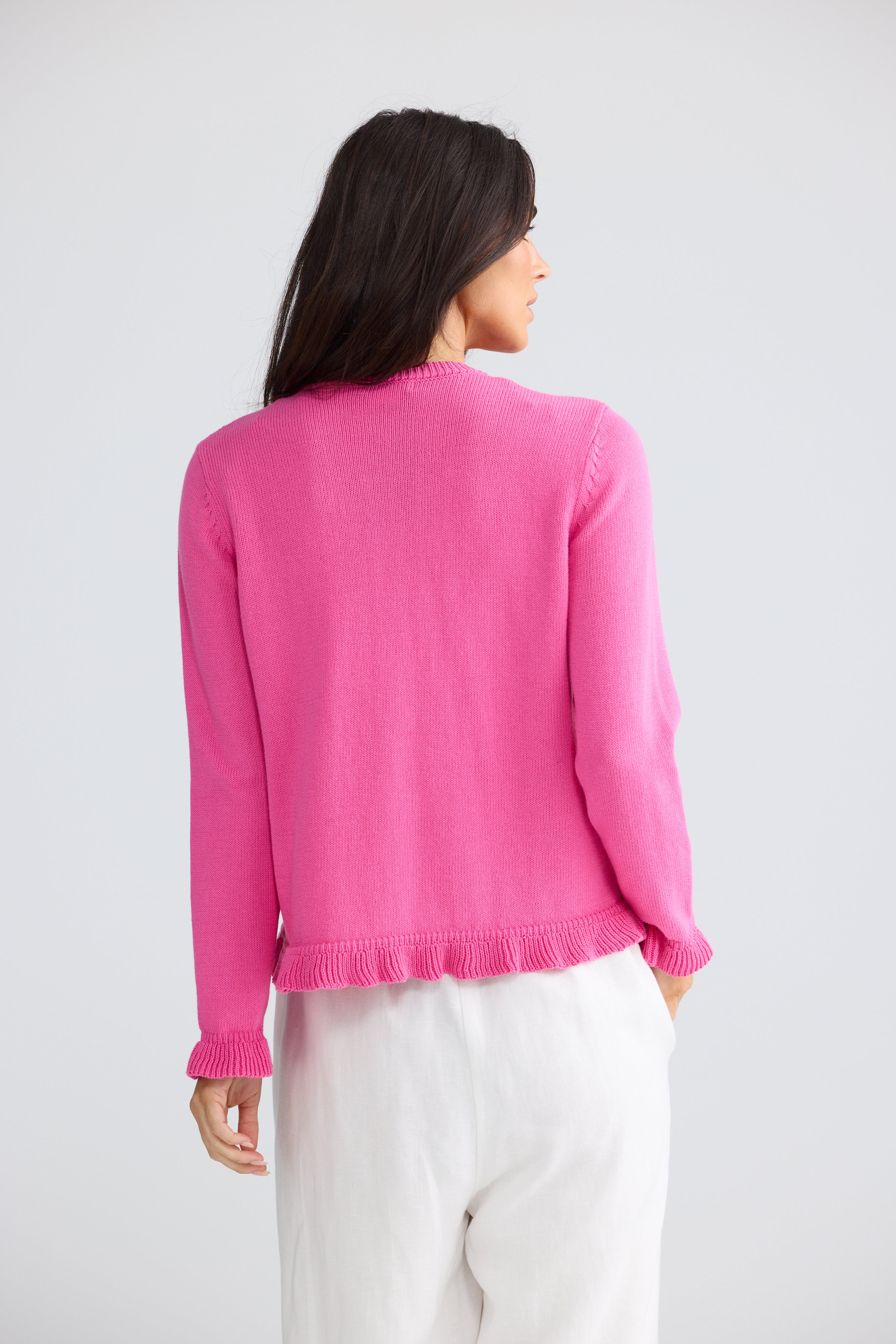 Lorrie Frill Knit Cardigan in Chocolate and Pink
