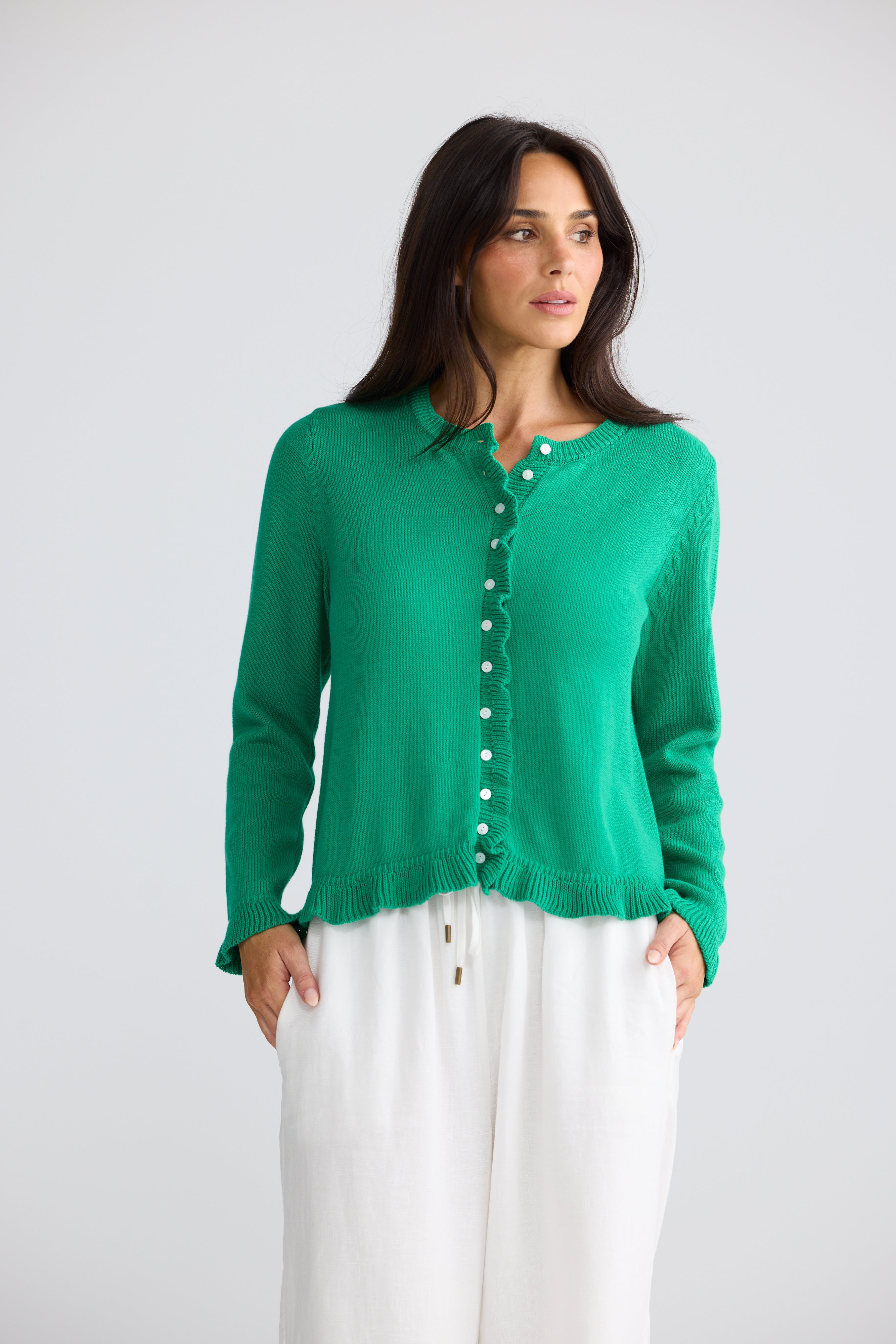 Jade green Lorrie Frill Cardigan front view with soft knit fabric