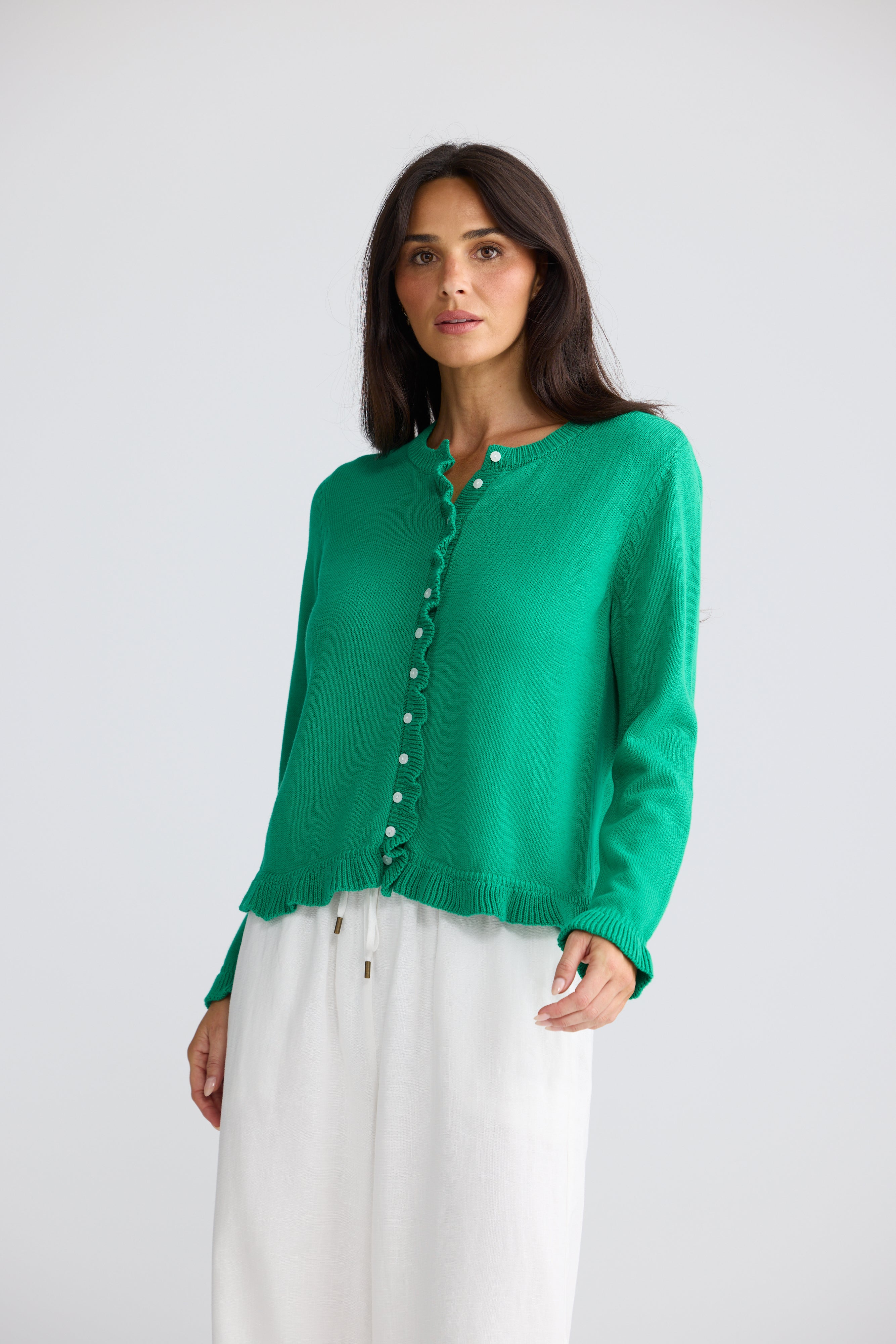 Jade green Lorrie Frill Knit Cardigan with elegant knit texture