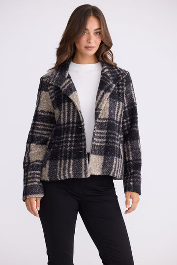 Black Check Cropped Wool Blend Jacket | Elegant Tailored Check Jacket Australia