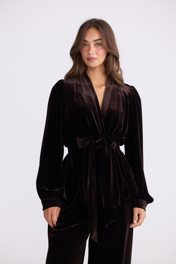 Chocolate Velvet Wrap Belt Top | Elegant Brown Velvet Wrap Blouse Australia