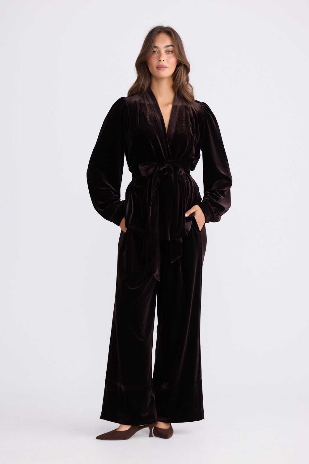 Chocolate Velvet Wrap Belt Top | Elegant Brown Velvet Wrap Blouse Australia