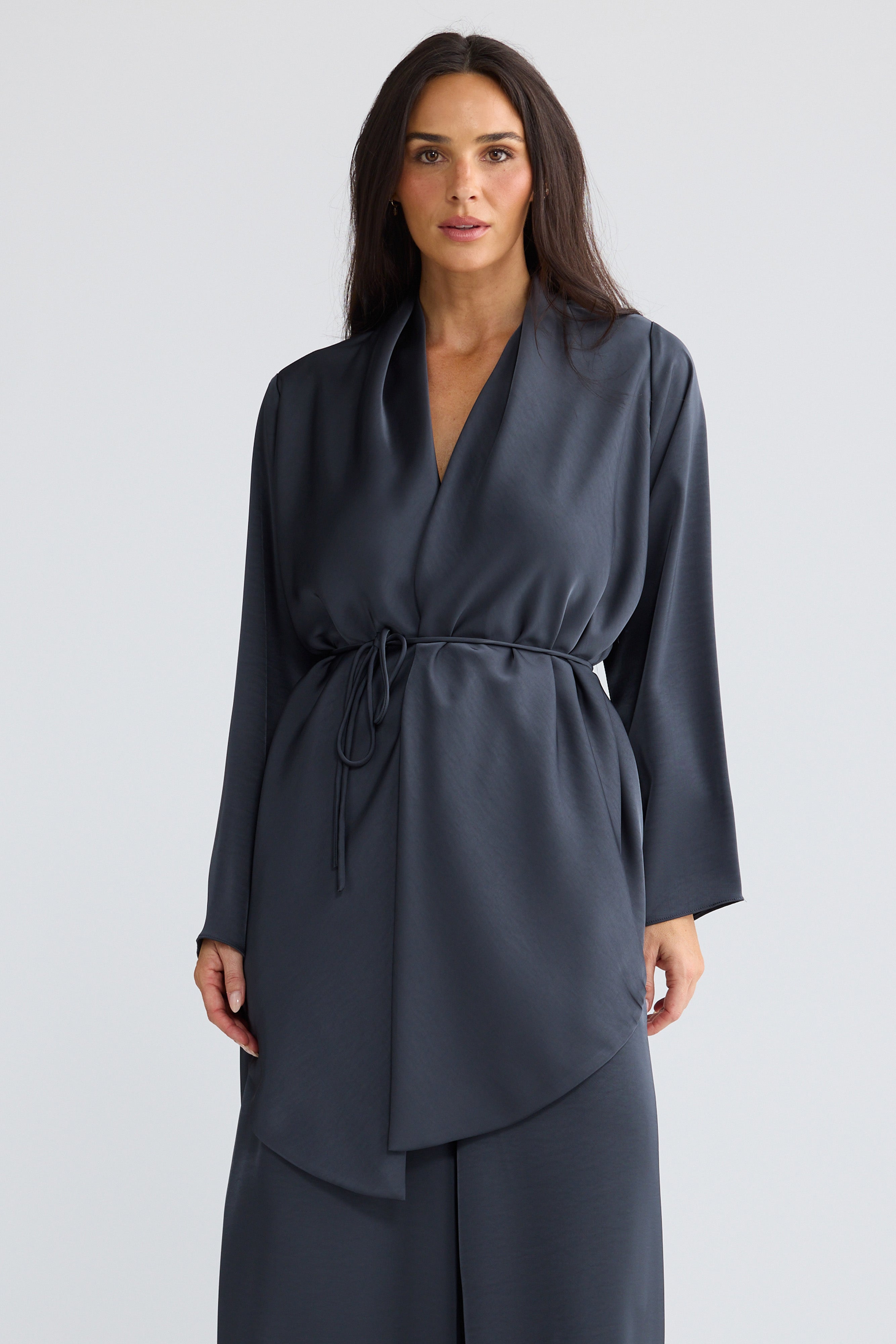 Kaleigh Satin Wrap Top in Graphite