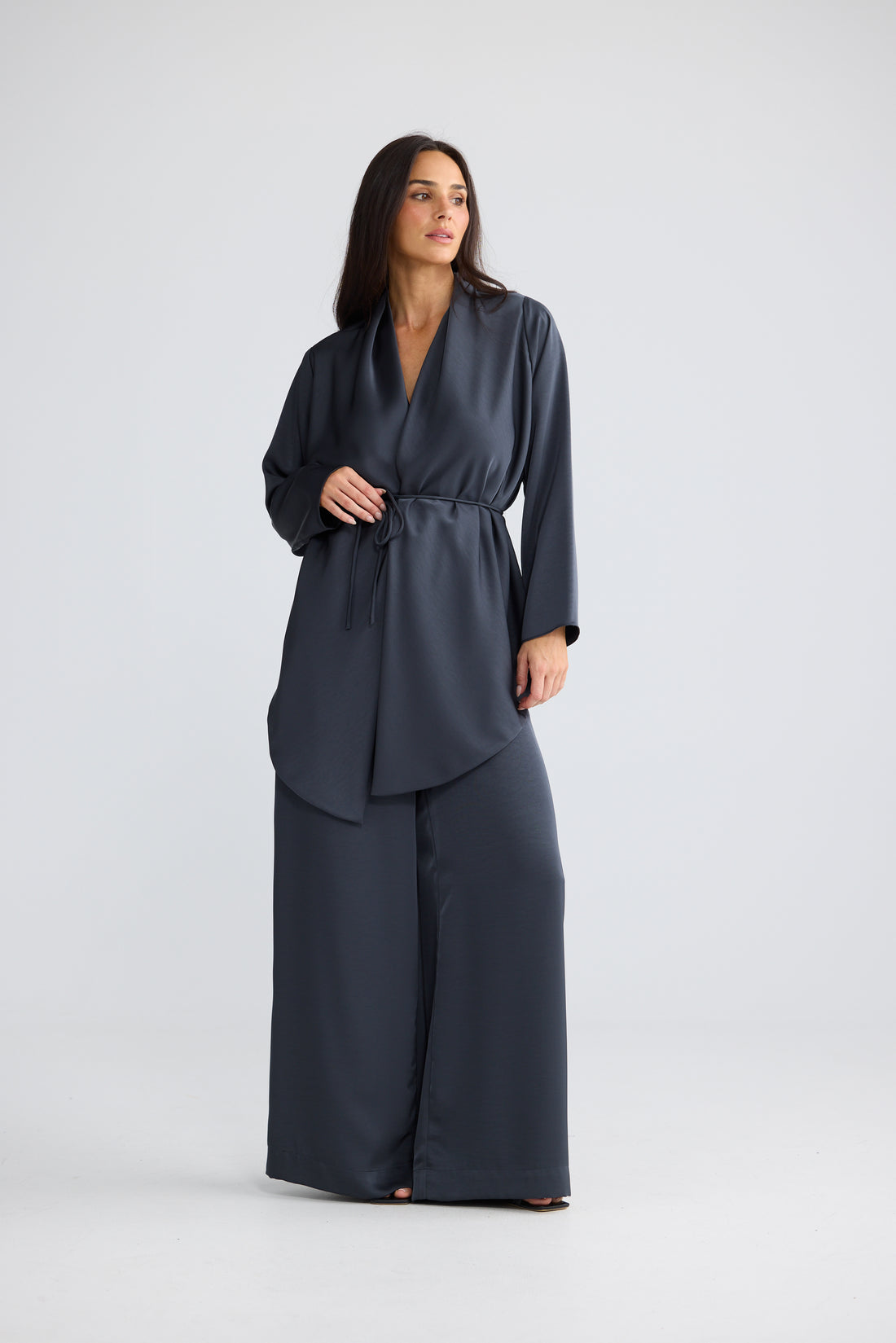 Kaleigh Satin Wrap Top in Graphite