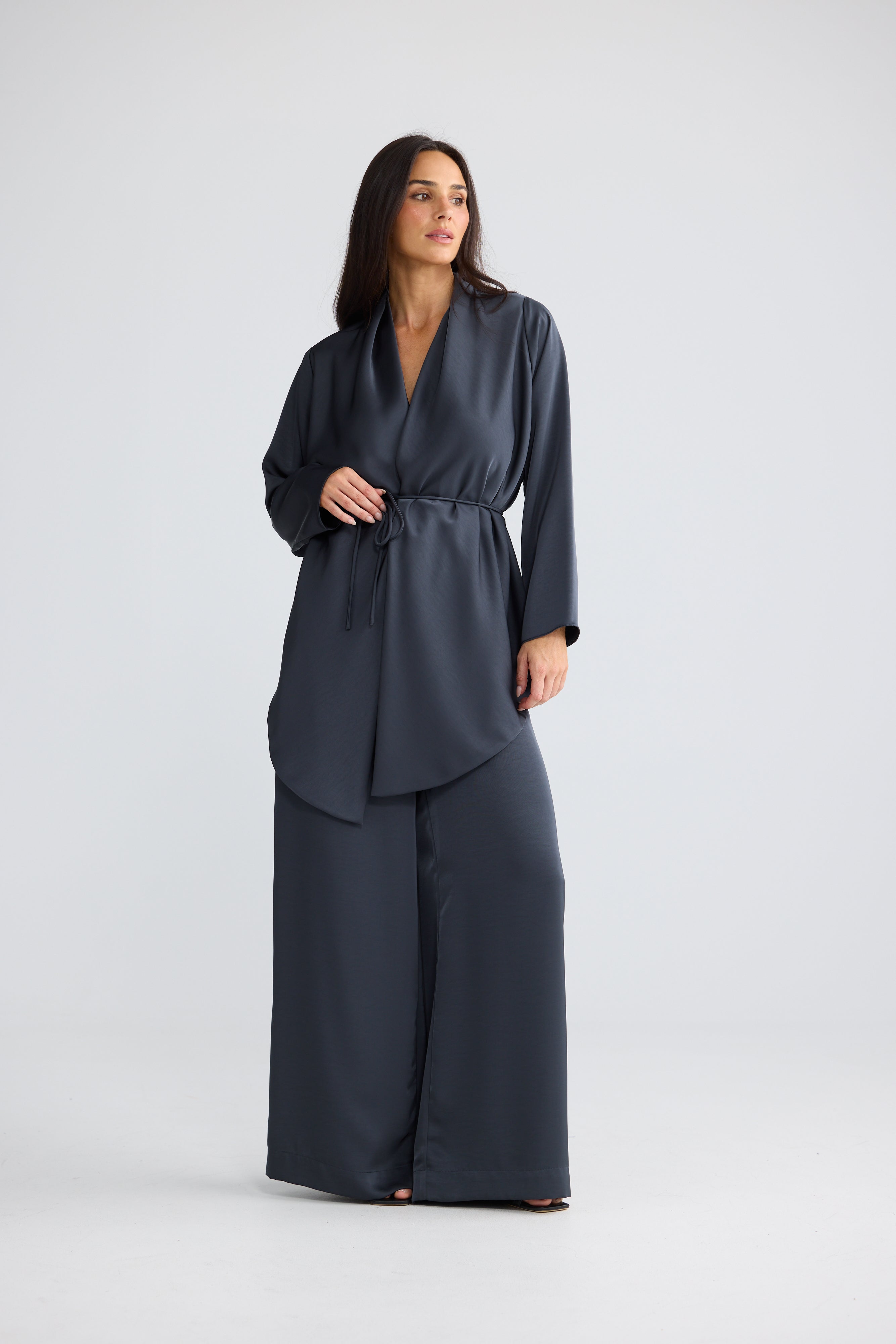 Kaleigh Satin Wrap Top in Graphite