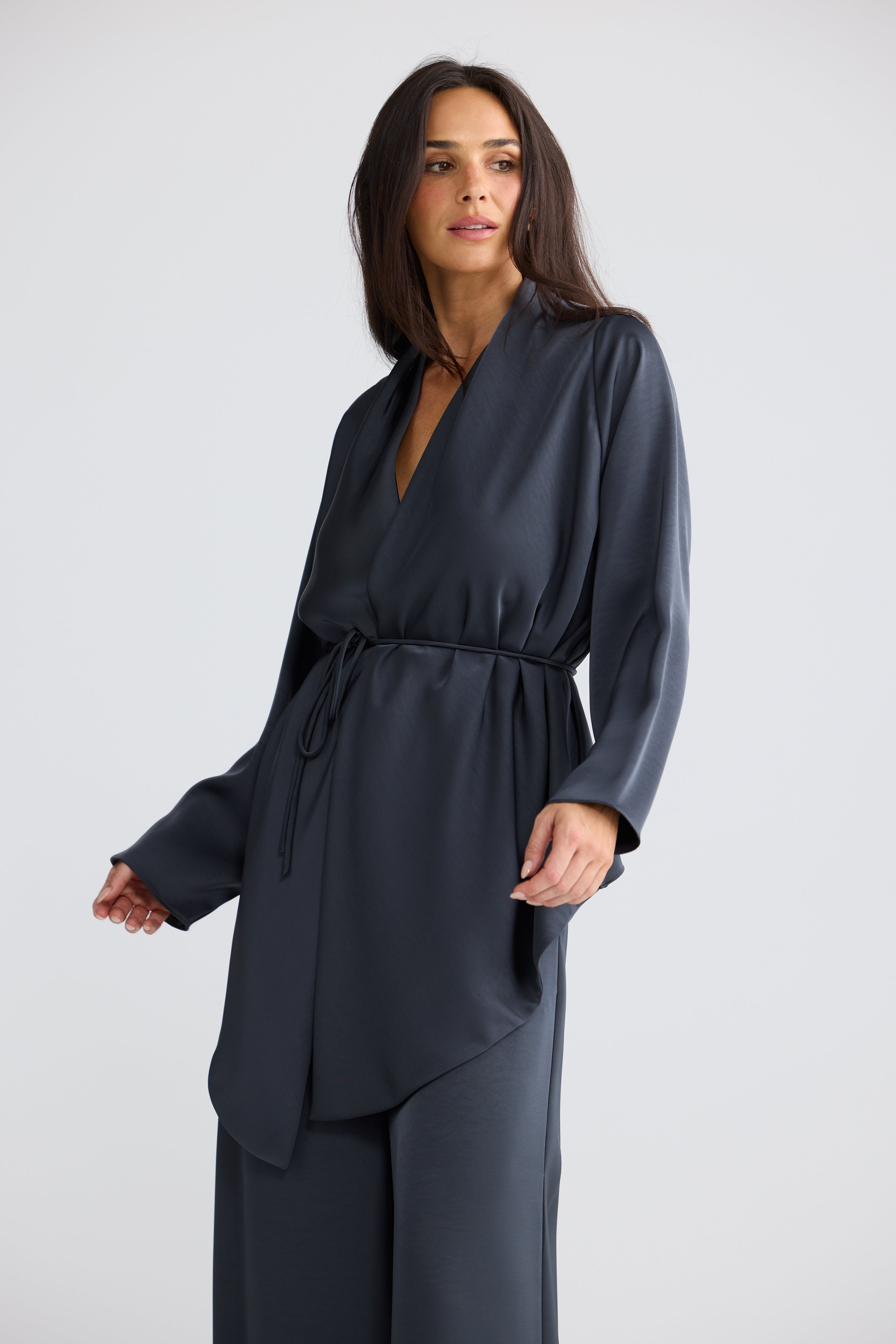 Kaleigh Satin Wrap Top in Graphite