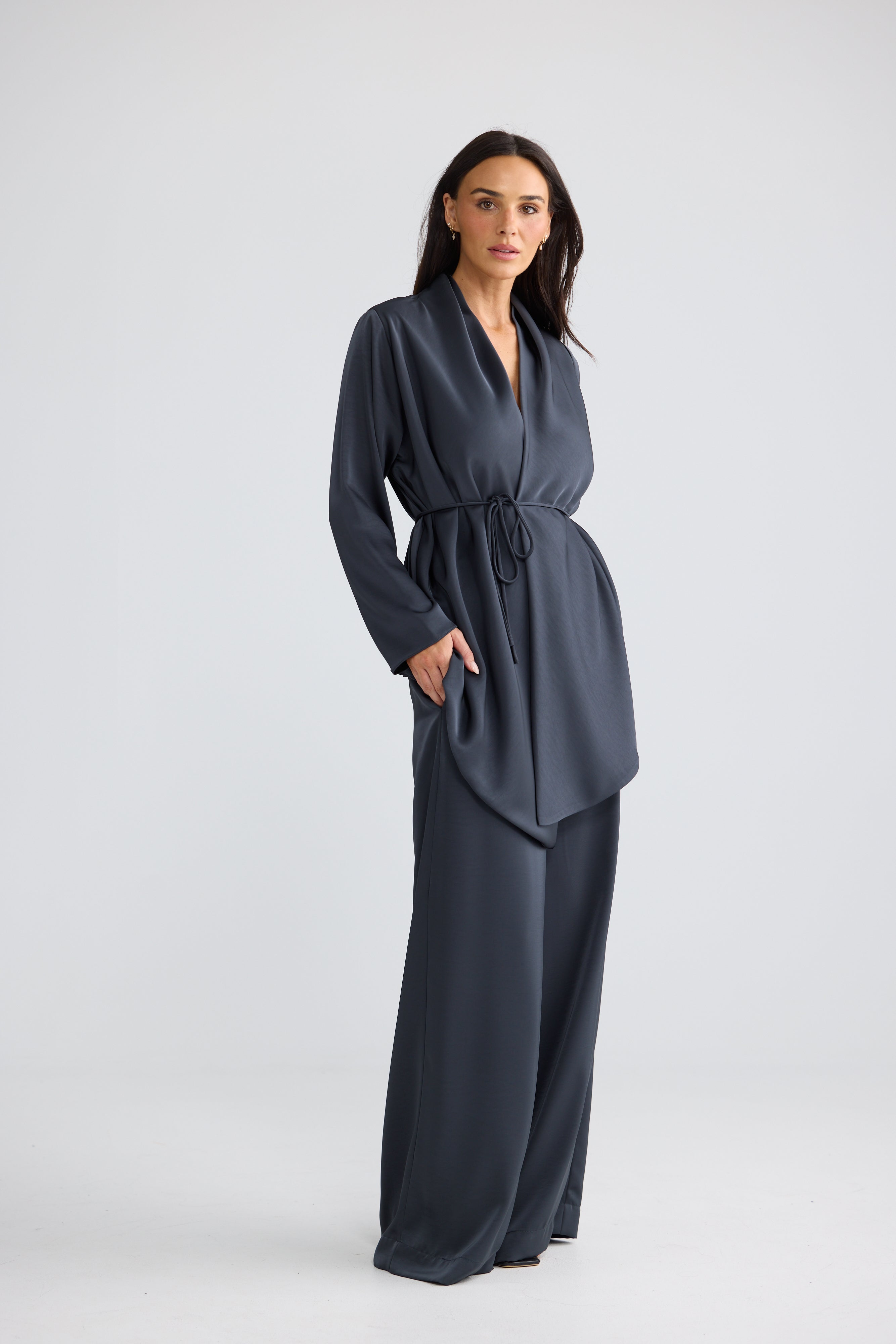 Kaleigh Satin Wrap Top in Graphite