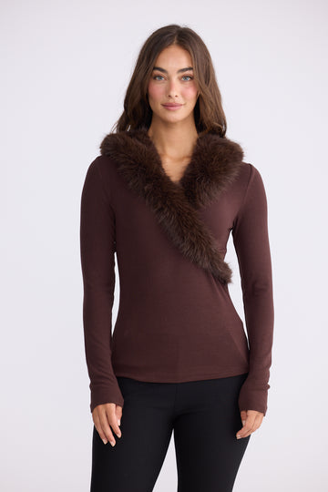 Imelda Chocolate Long-Sleeve Top with Fur Collar