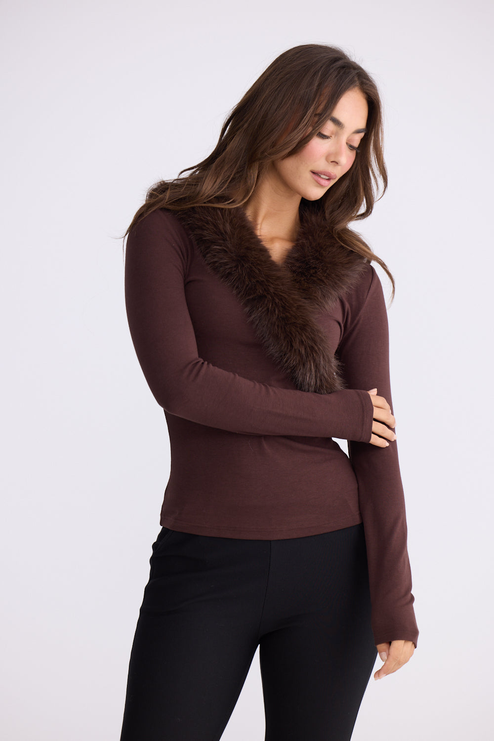 Imelda Chocolate Long-Sleeve Top with Fur Collar