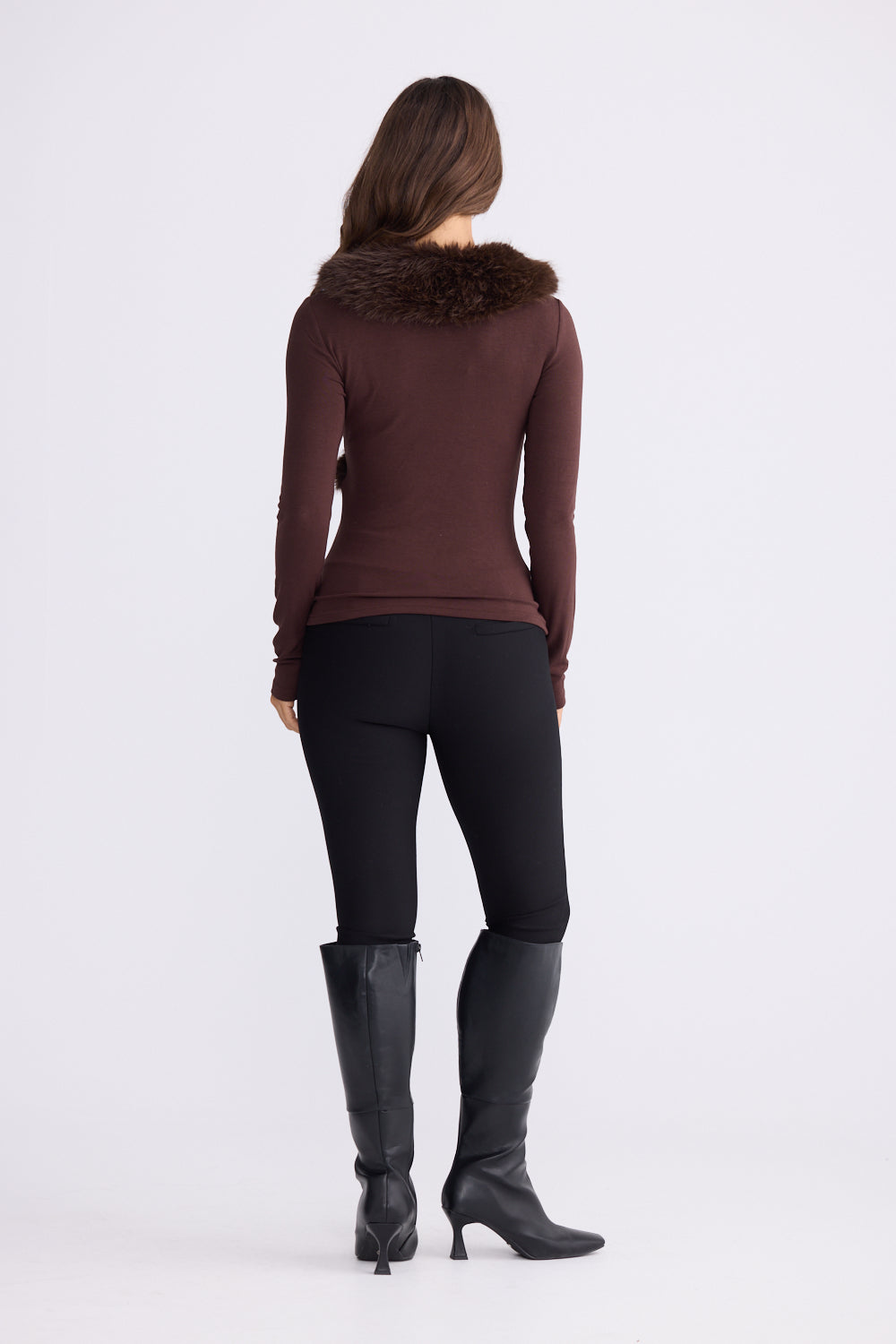 Imelda Chocolate Long-Sleeve Top with Fur Collar