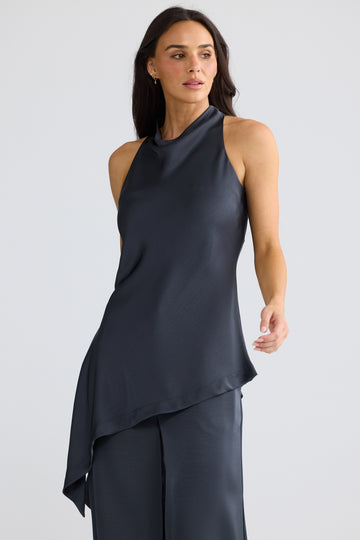 Madison Asymmetrical Satin Top in Graphite