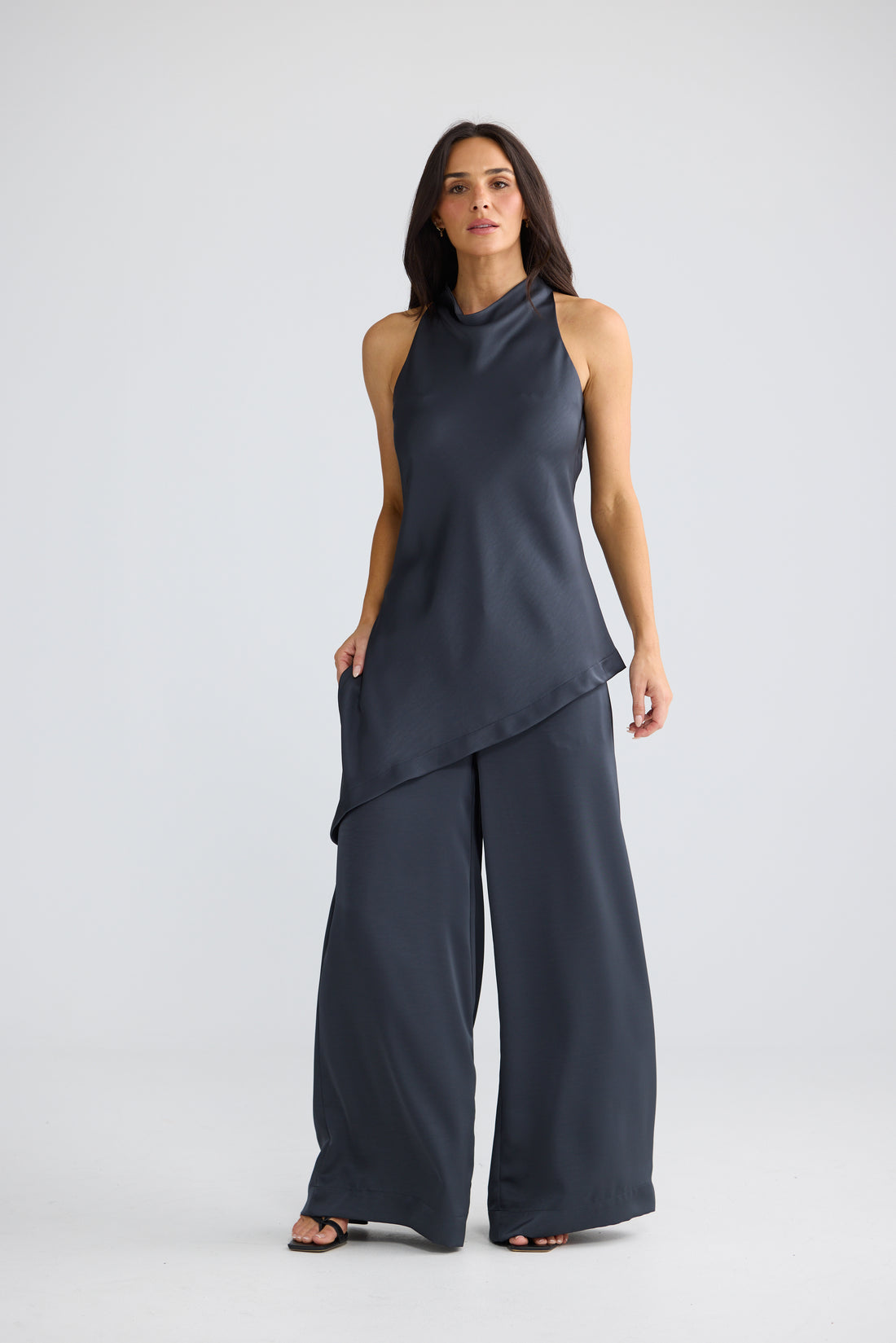 Madison Asymmetrical Satin Top in Graphite