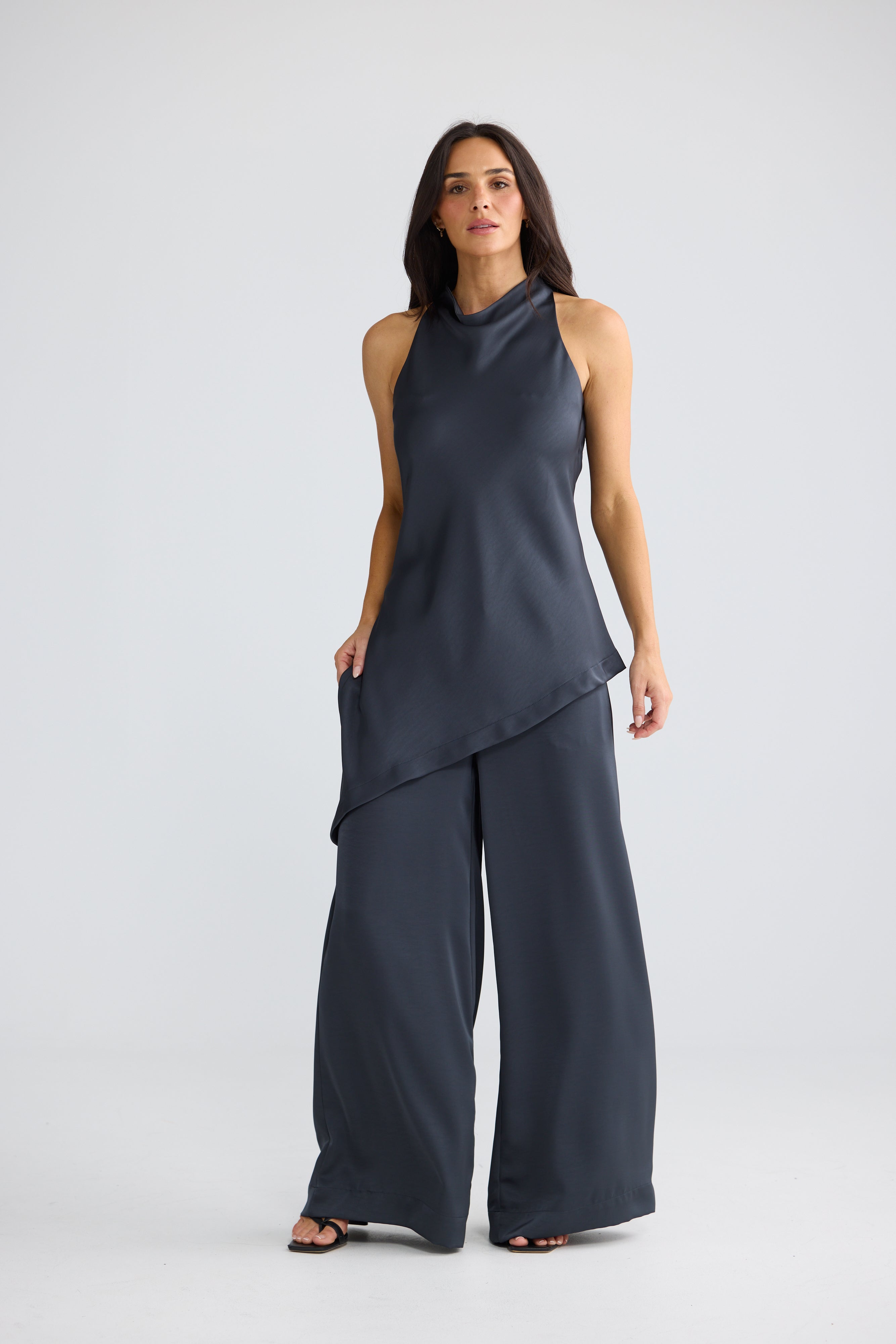 Madison Asymmetrical Satin Top in Graphite