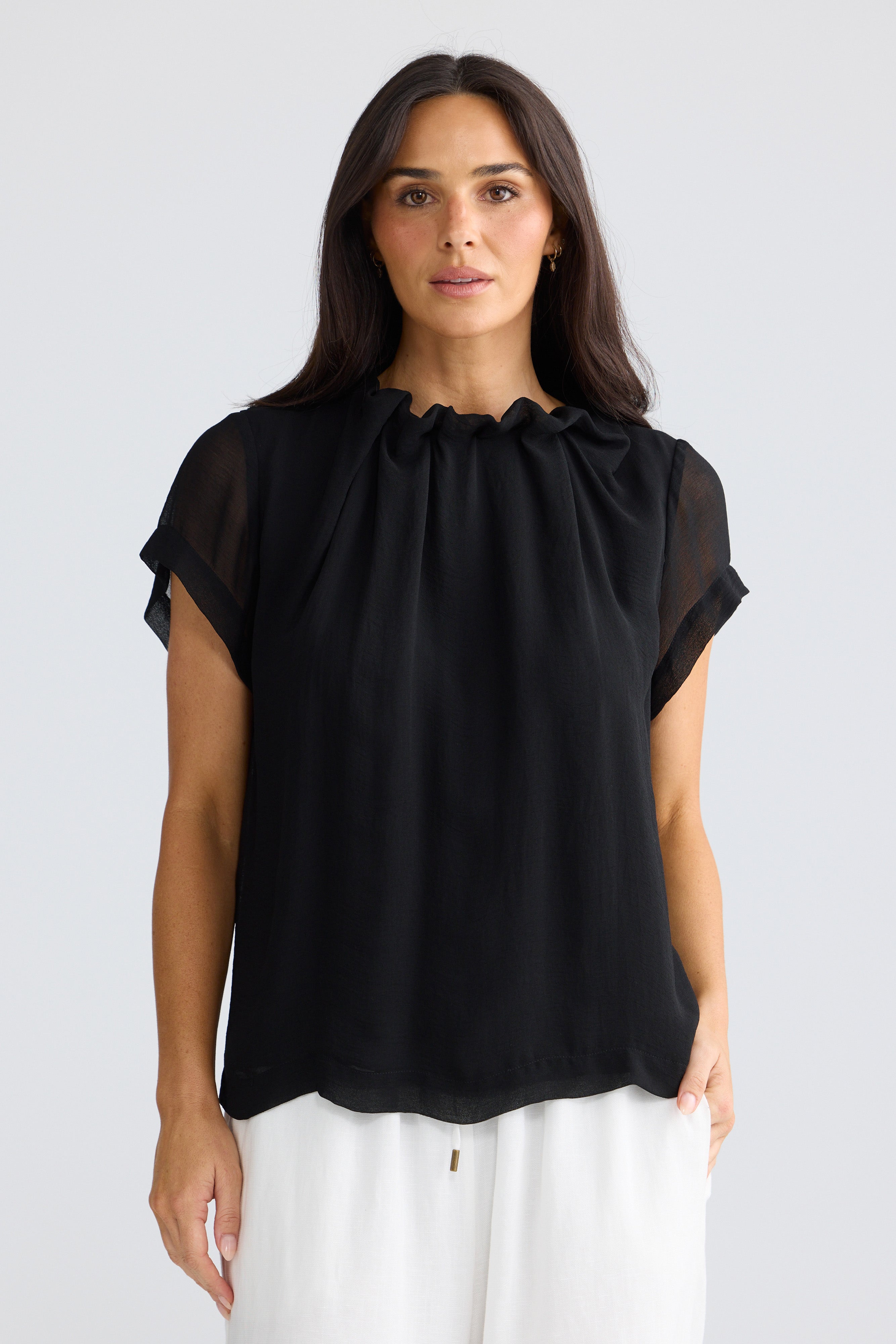Carina Ruffle Neck Blouse in Black | Elegant Black Blouse Australia