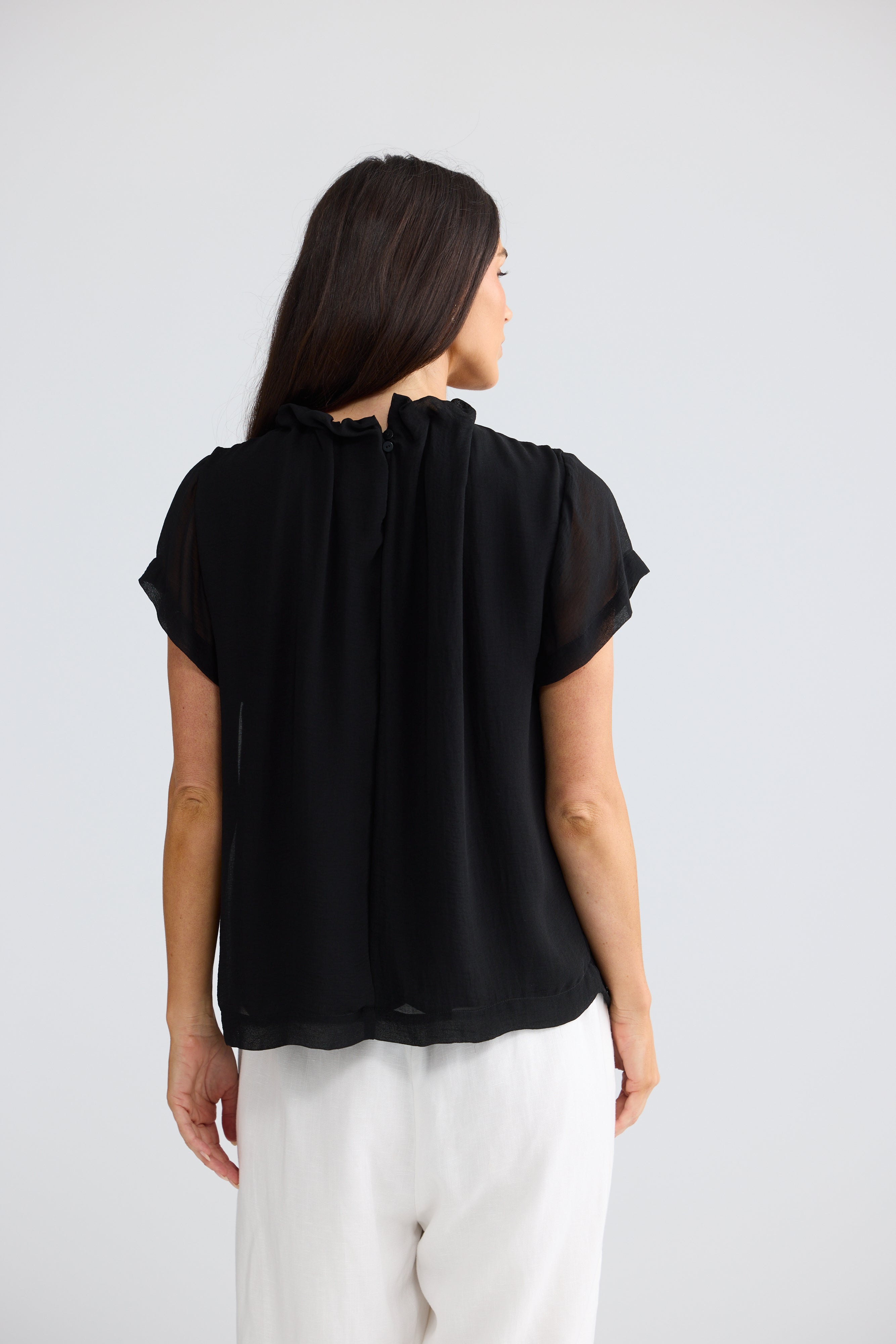 Carina Ruffle Neck Blouse in Black | Elegant Black Blouse Australia