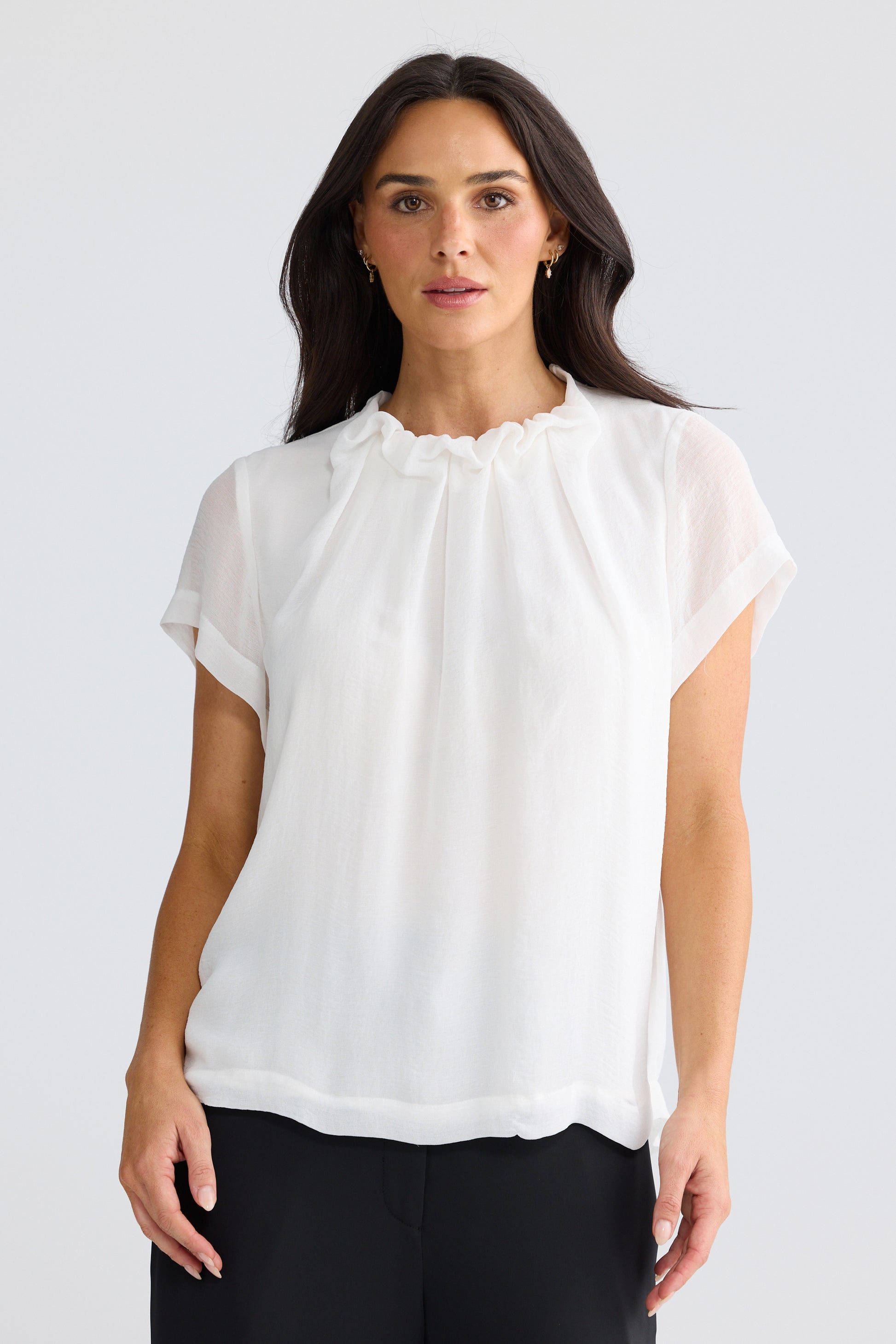 Carina White Ruffle Neck Blouse with feminine gathered collar detail
