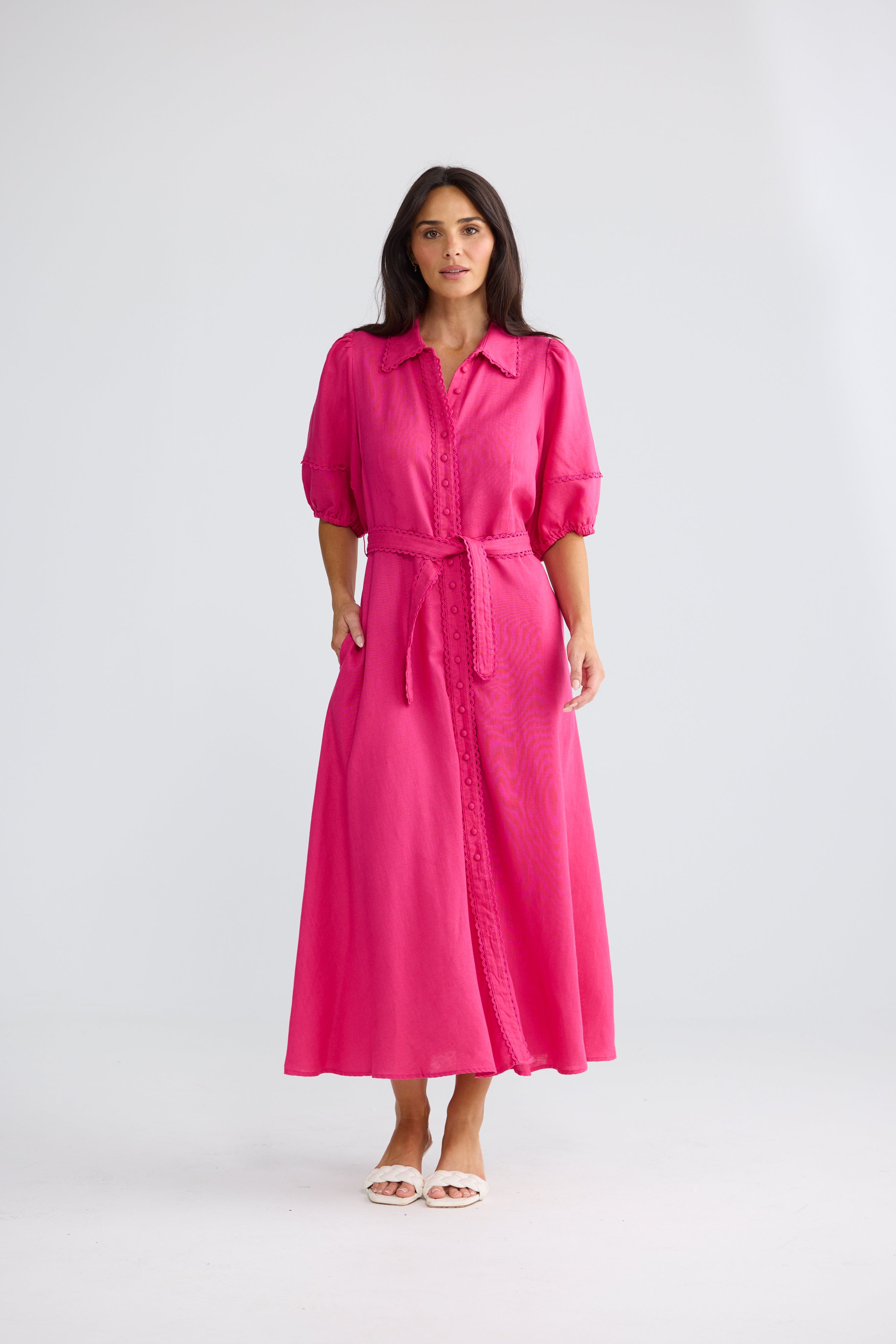 Brynn Lace Trim Midi Shirt Dress in Fuchsia | Elegant Midi Dress Australia