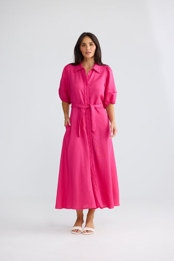Brynn Lace Trim Midi Shirt Dress in Fuchsia | Elegant Midi Dress Australia