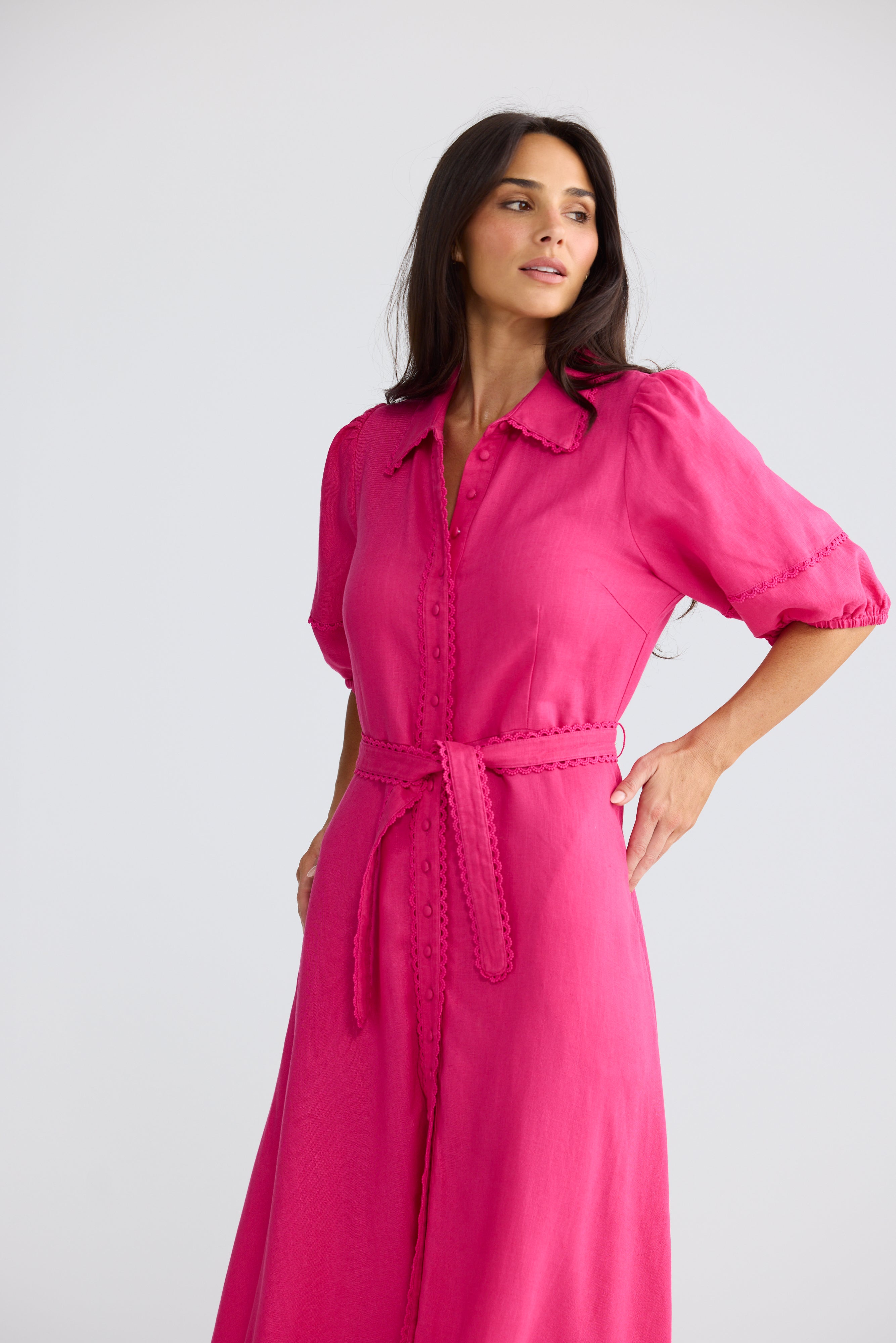 Brynn Lace Trim Midi Shirt Dress in Fuchsia | Elegant Midi Dress Australia