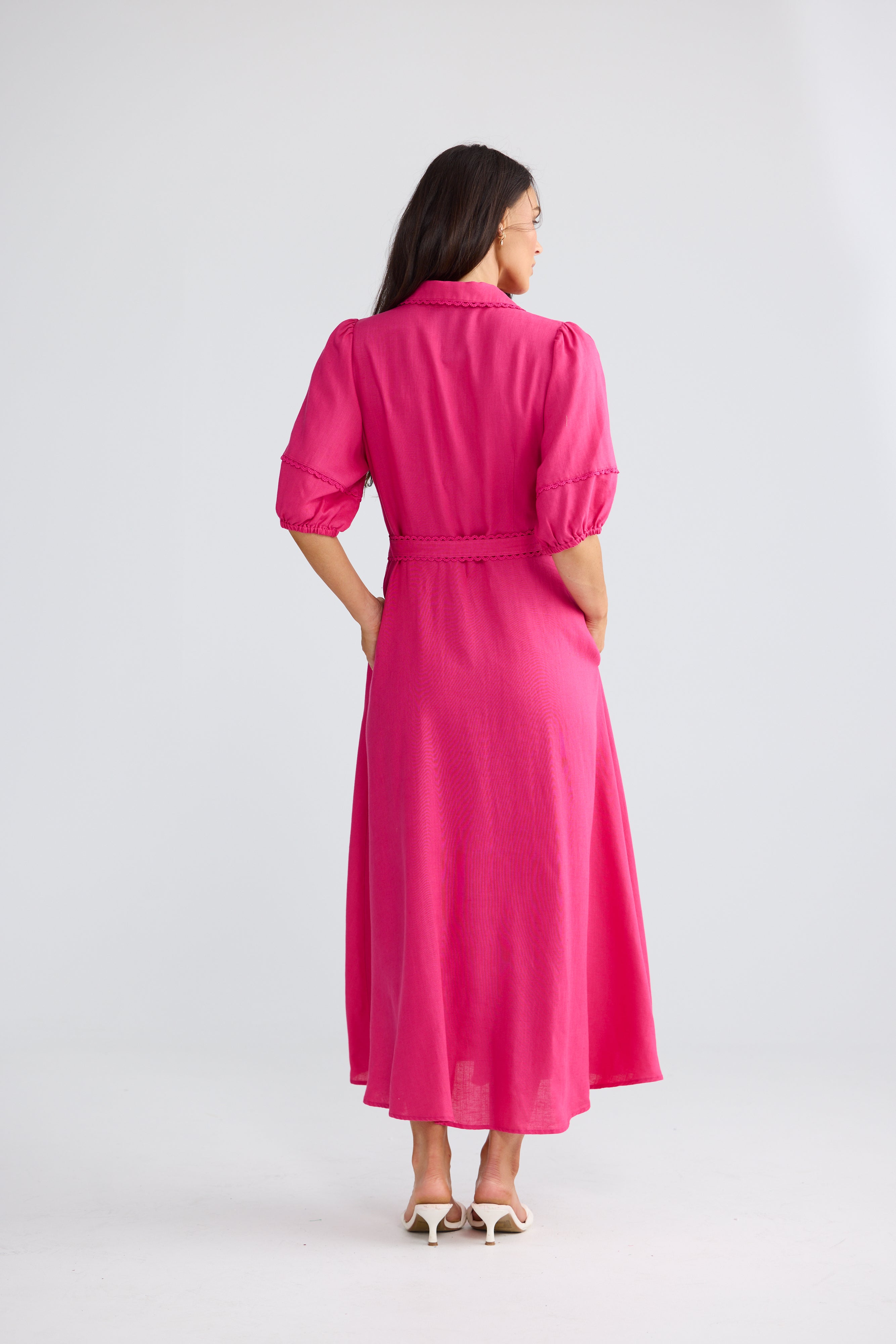 Brynn Lace Trim Midi Shirt Dress in Fuchsia | Elegant Midi Dress Australia