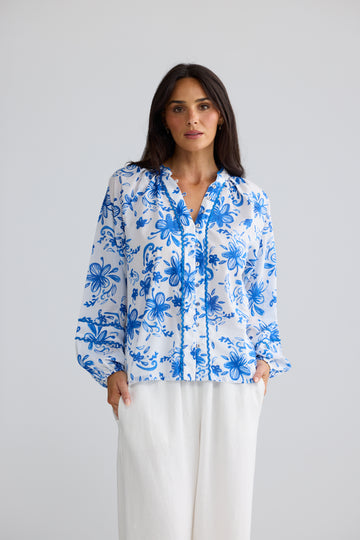 Danielle Blue Bliss Floral Long Sleeve Top | Elegant Floral Top Australia