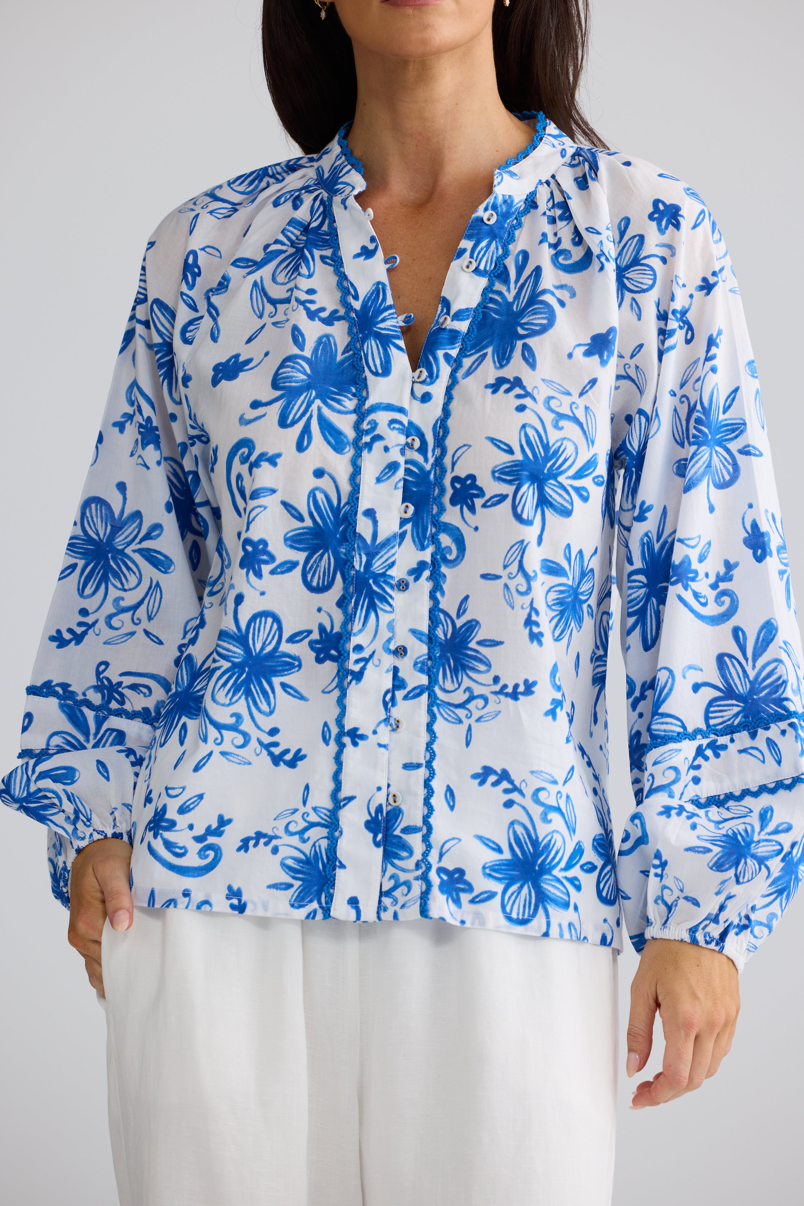 Danielle Blue Bliss Floral Long Sleeve Top | Elegant Floral Top Australia