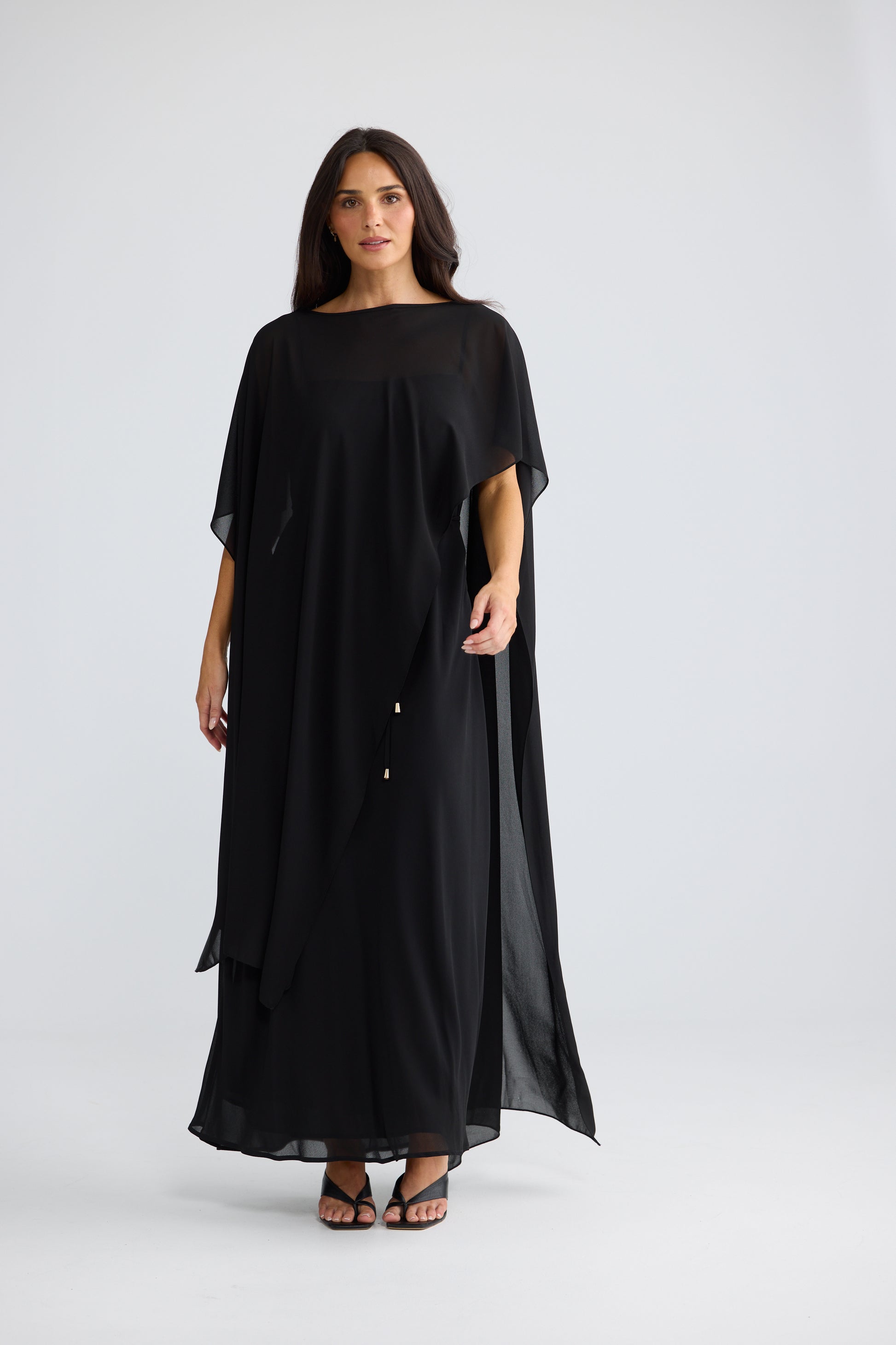 Park Avenue Chiffon Overlay Cape Dress in Black | Elegant Black Cape Dress Australia