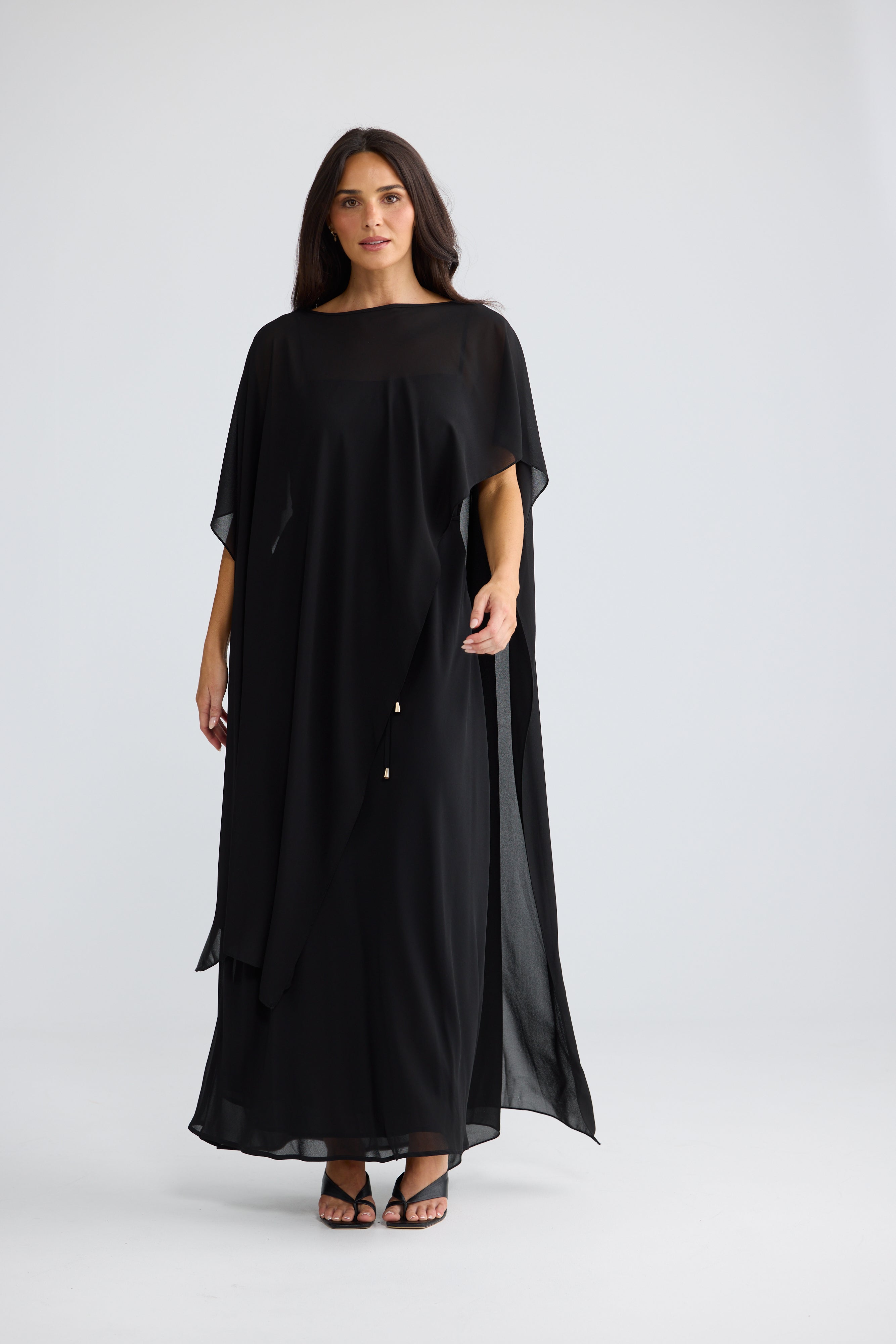 Park Avenue Chiffon Overlay Cape Dress in Black | Elegant Black Cape Dress Australia