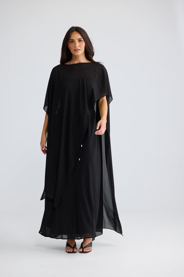 Park Avenue Chiffon Overlay Cape Dress in Black | Elegant Black Cape Dress Australia