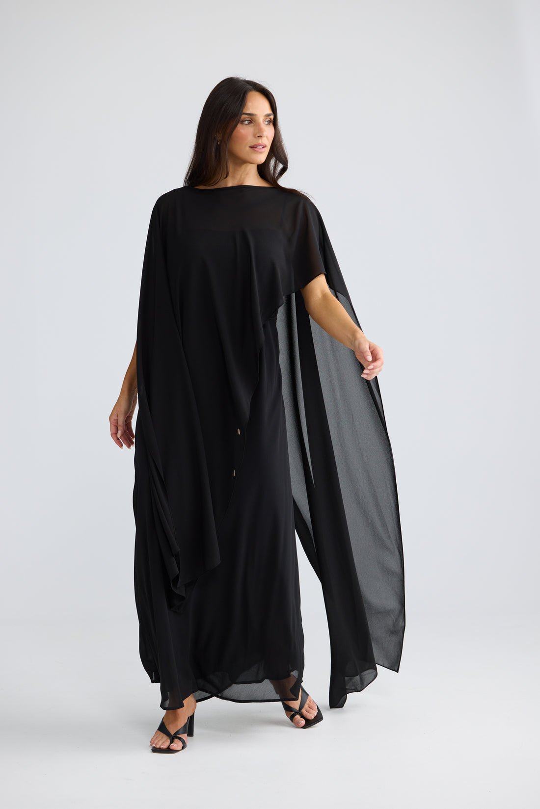 Park Avenue Chiffon Overlay Cape Dress in Black | Elegant Black Cape Dress Australia