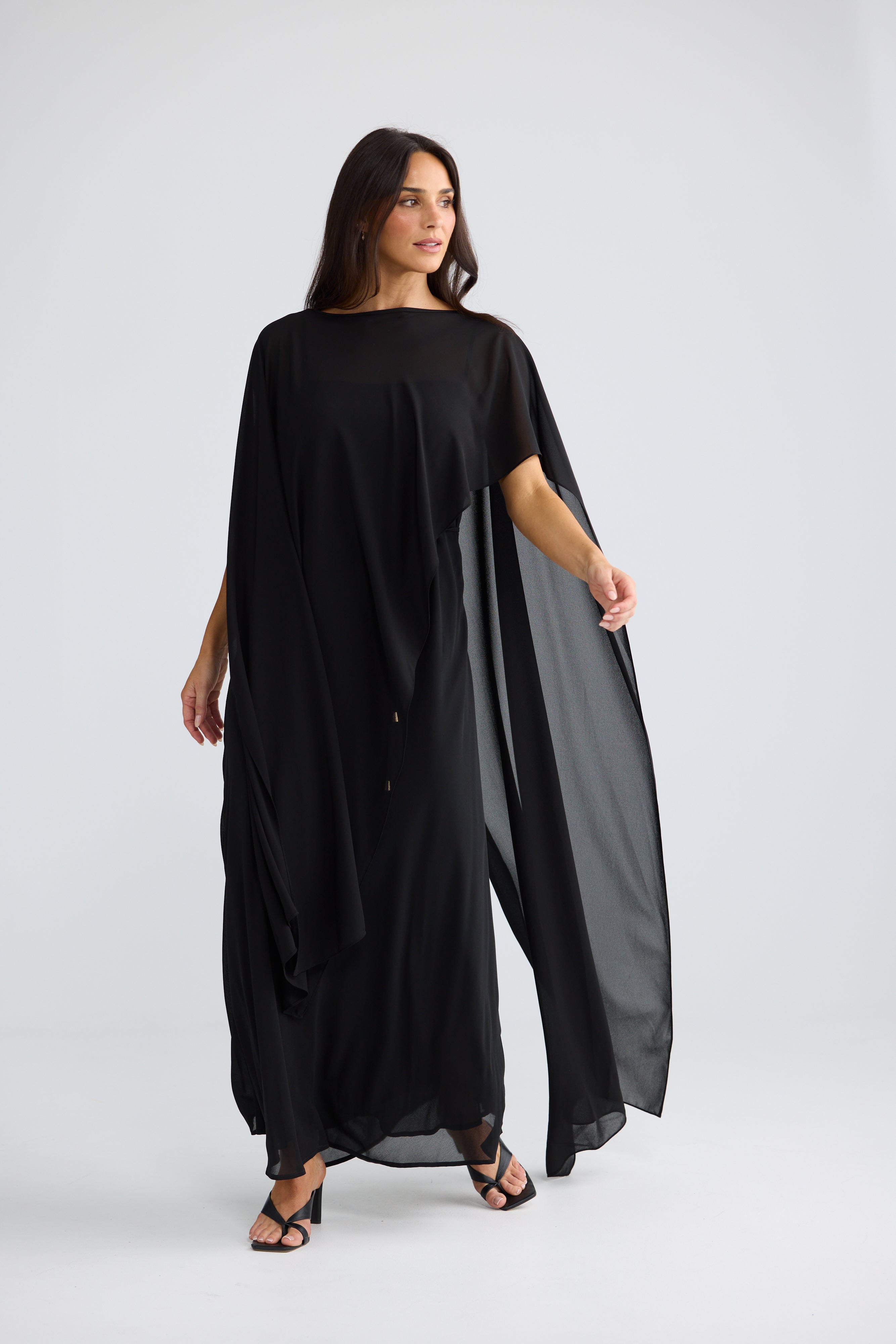 Park Avenue Chiffon Overlay Cape Dress in Black | Elegant Black Cape Dress Australia