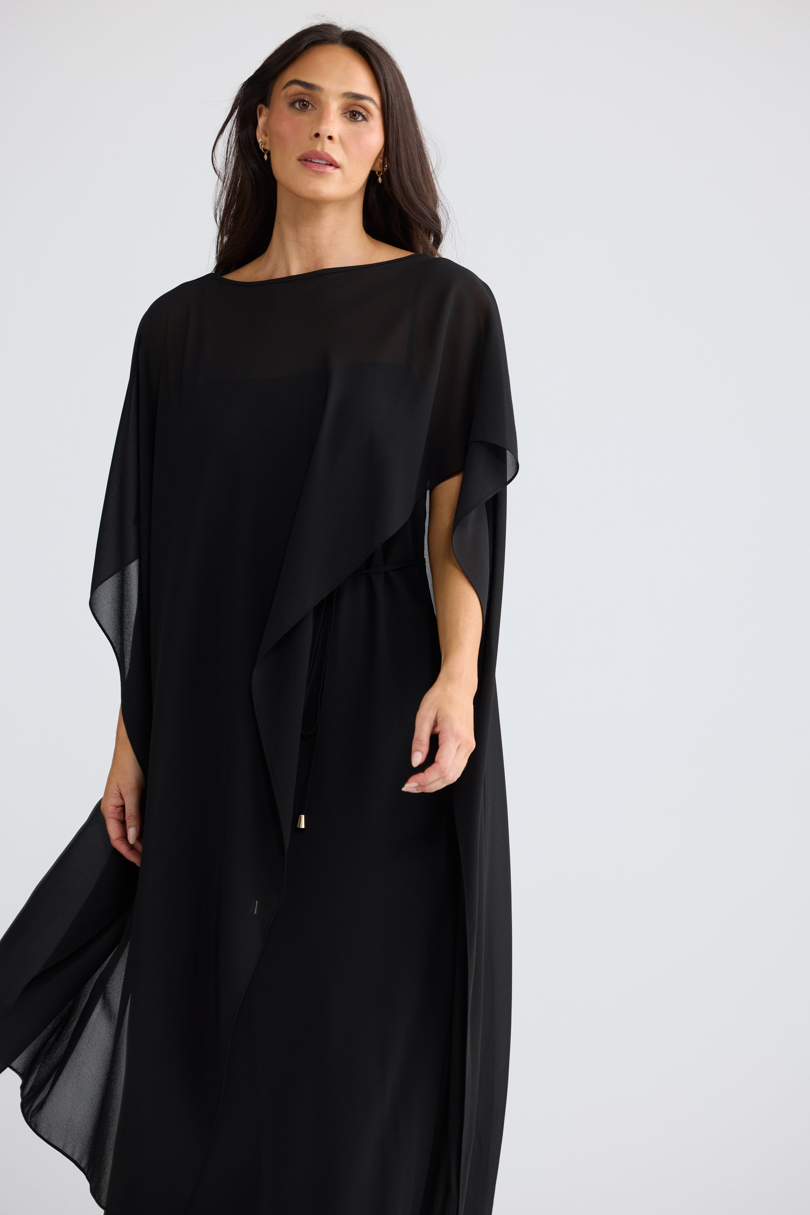 Park Avenue Chiffon Overlay Cape Dress in Black | Elegant Black Cape Dress Australia