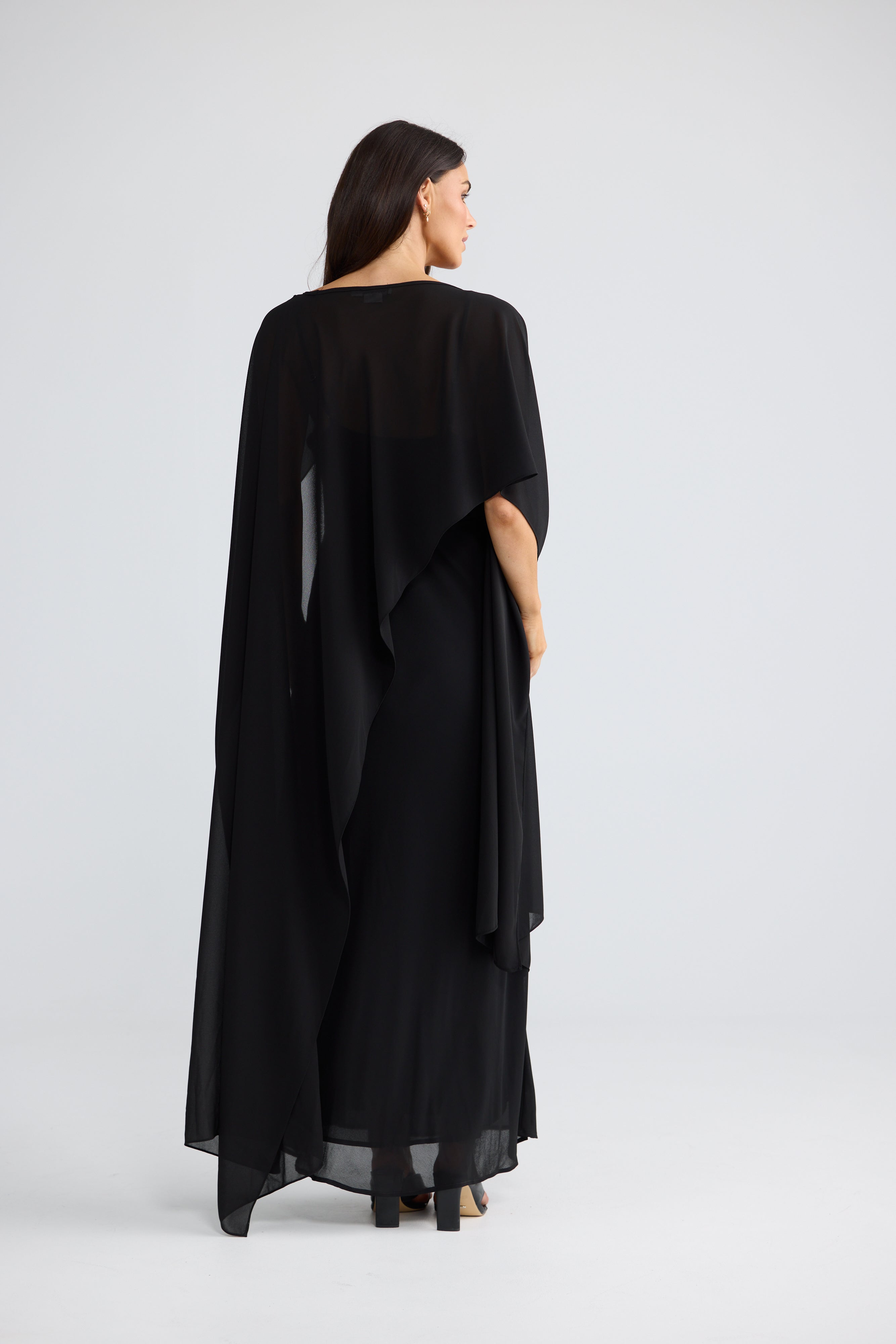 Park Avenue Chiffon Overlay Cape Dress in Black | Elegant Black Cape Dress Australia