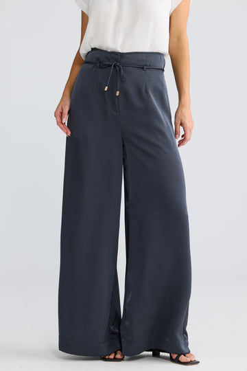 Kensington Wide Leg Satin Pants in Graphite