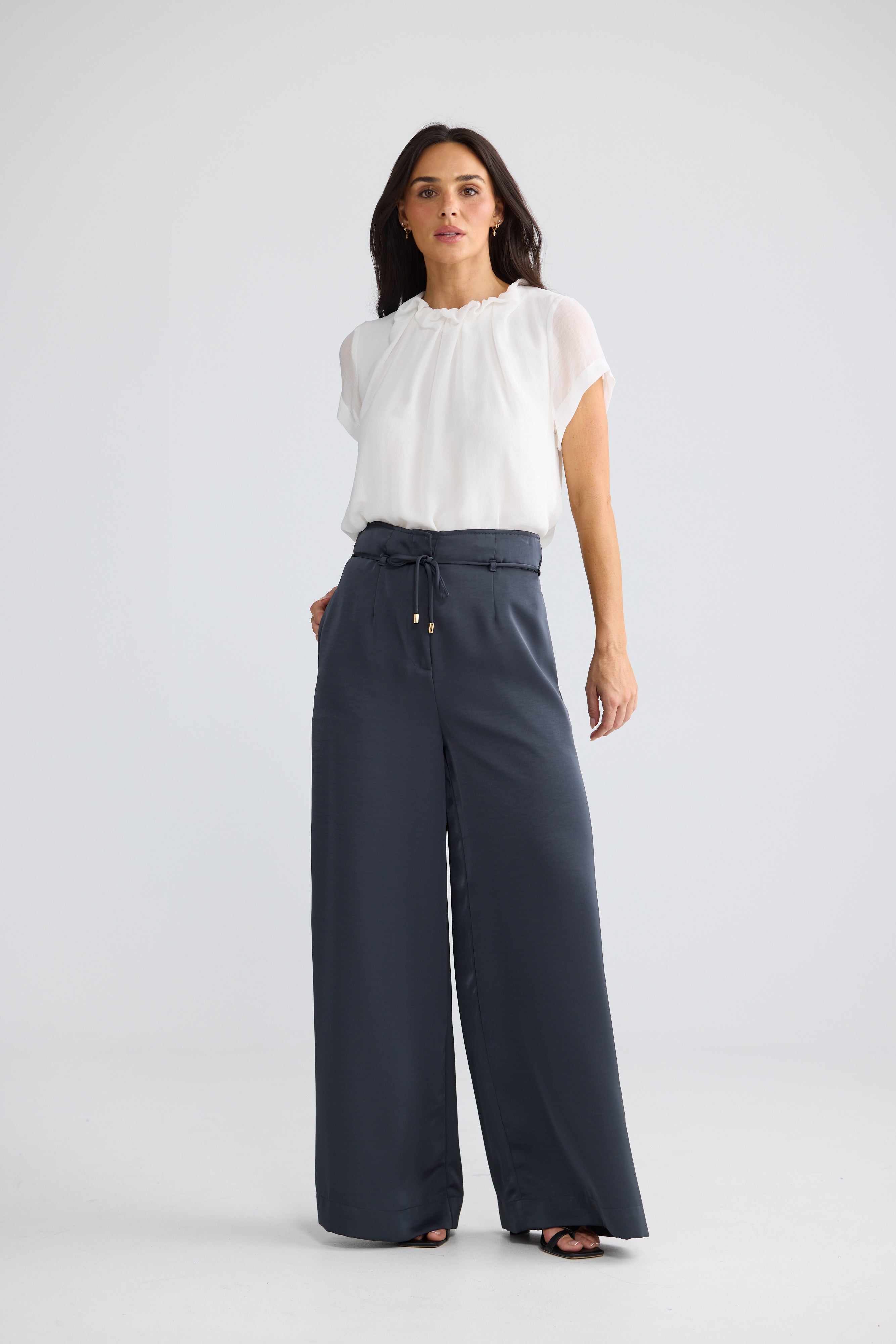 Kensington Wide Leg Satin Pants in Graphite