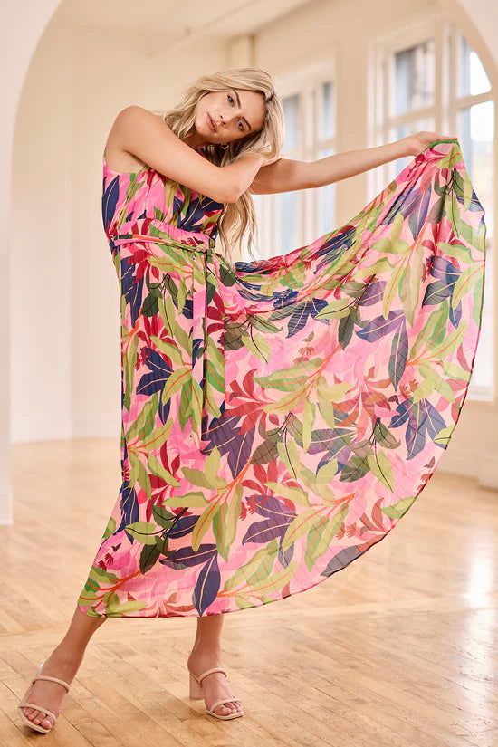 Lined plissé floral maxi dress