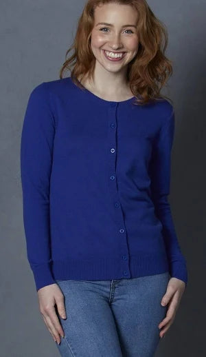 womens blue crew neck cardigan button front knit cardigan front view Australia Showies Boutique