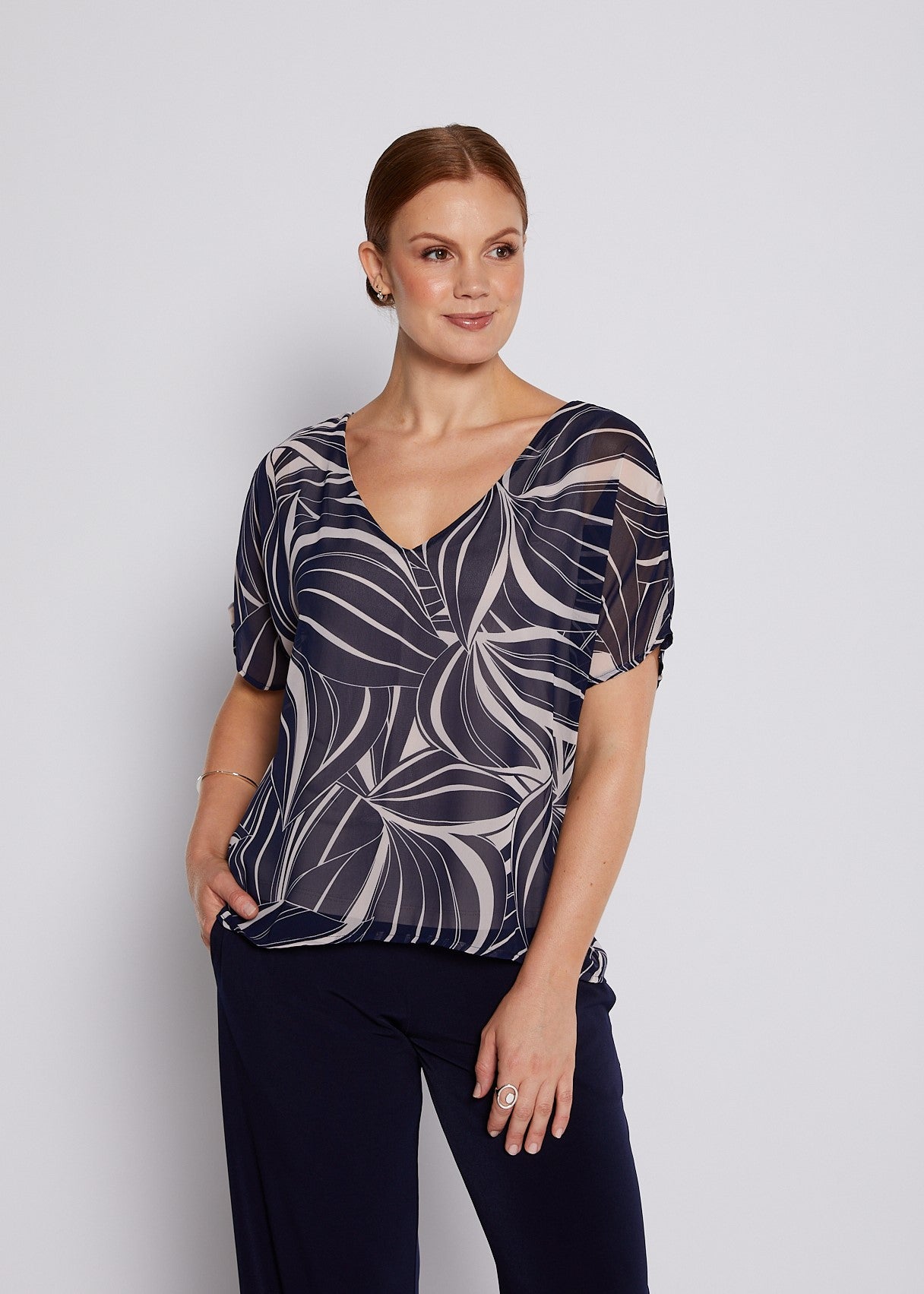 Navy Abstract Print V-Neck Top