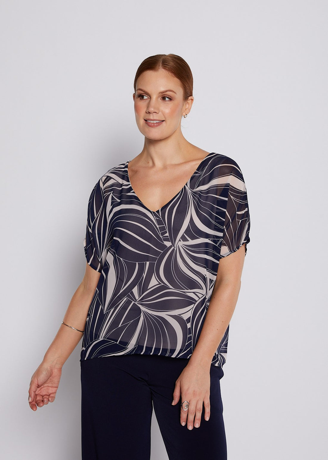 Navy Abstract Print V-Neck Top
