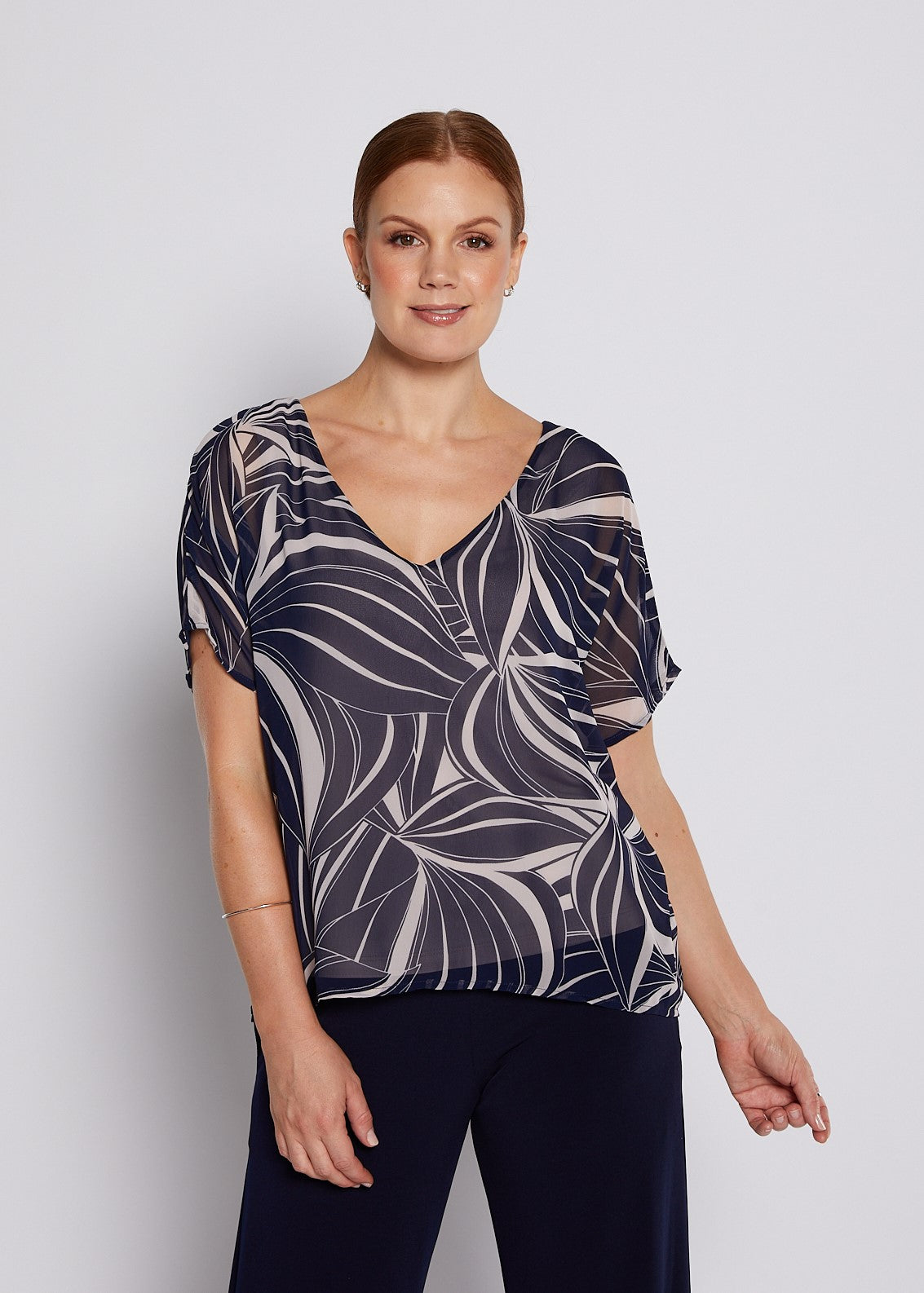 Navy Abstract Print V-Neck Top