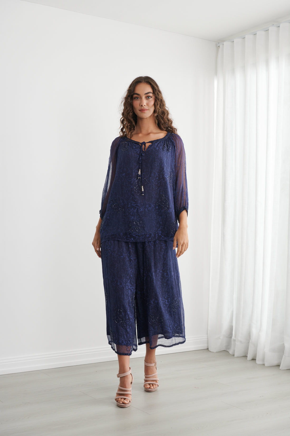 Midnight Blue Sheer Top | Elegant Tie-Neck Style with a Flowing Silhouette
