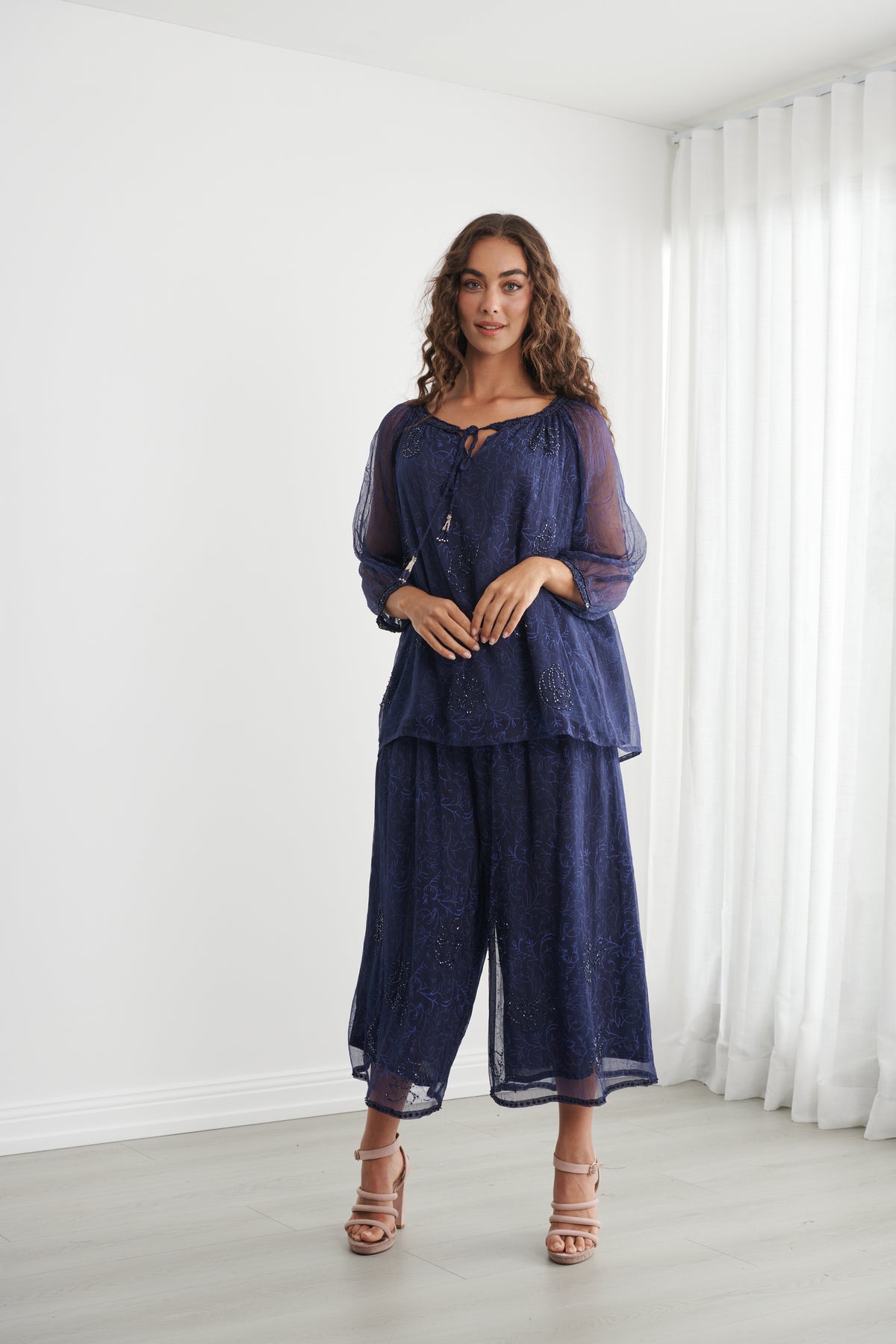Midnight Blue Sheer Top & Wide-Leg Pants Set
