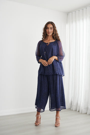 Midnight Blue Sheer Top & Wide-Leg Pants Set