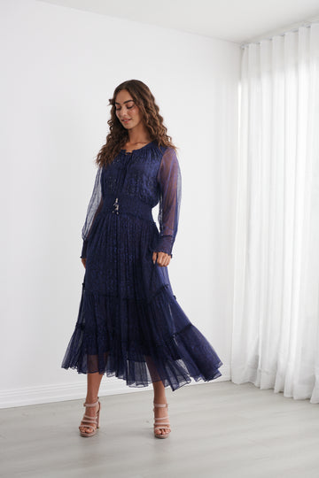 Midnight Blue Tiered Midi Dress – Elegant Sheer Sleeve Style