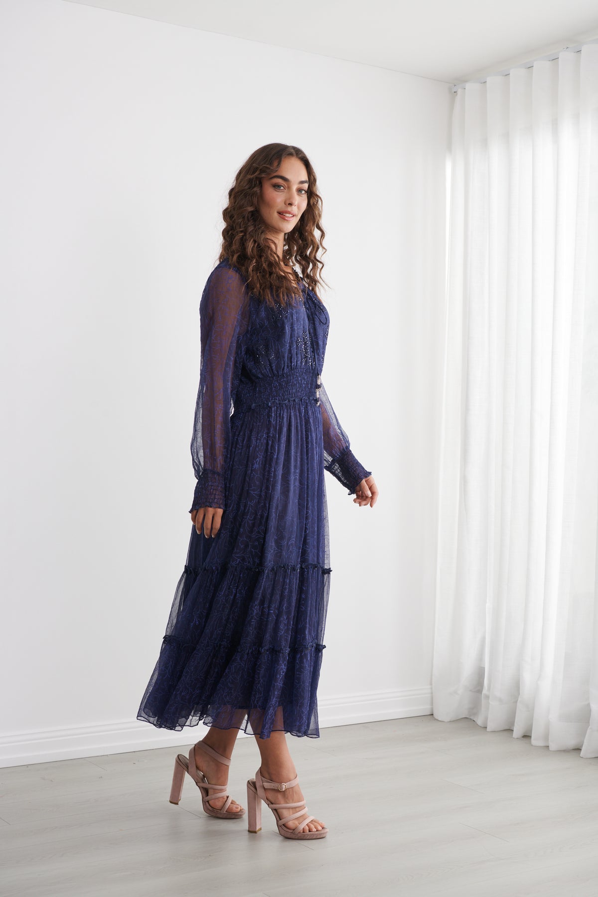 Midnight Blue Tiered Midi Dress – Elegant Sheer Sleeve Style